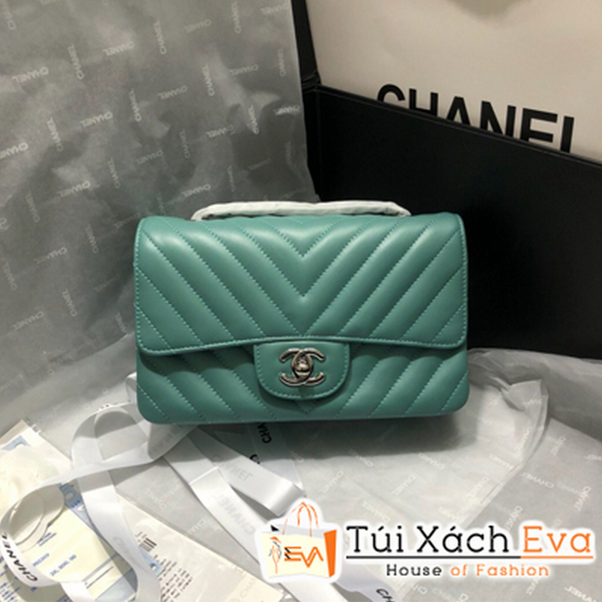 Túi xách Chanel Classic Siêu Cấp Sọc V Da Lì Màu Xanh