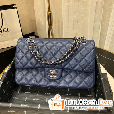 Túi Xách Chanel Classic Siêu Cấp Da Hạt Khóa Bạc Màu Xanh Dương Đậm
