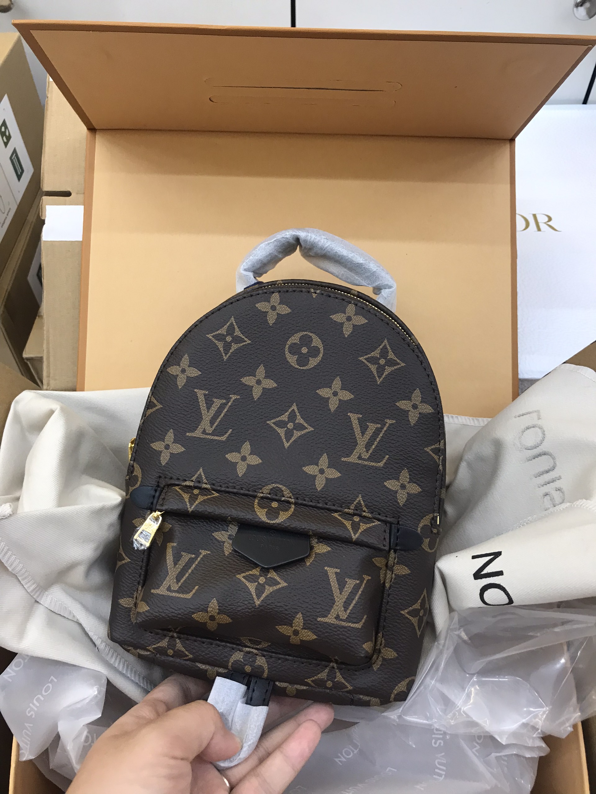 Balo LV Palm Spring mini Super Hoa Nâu Size 15cm