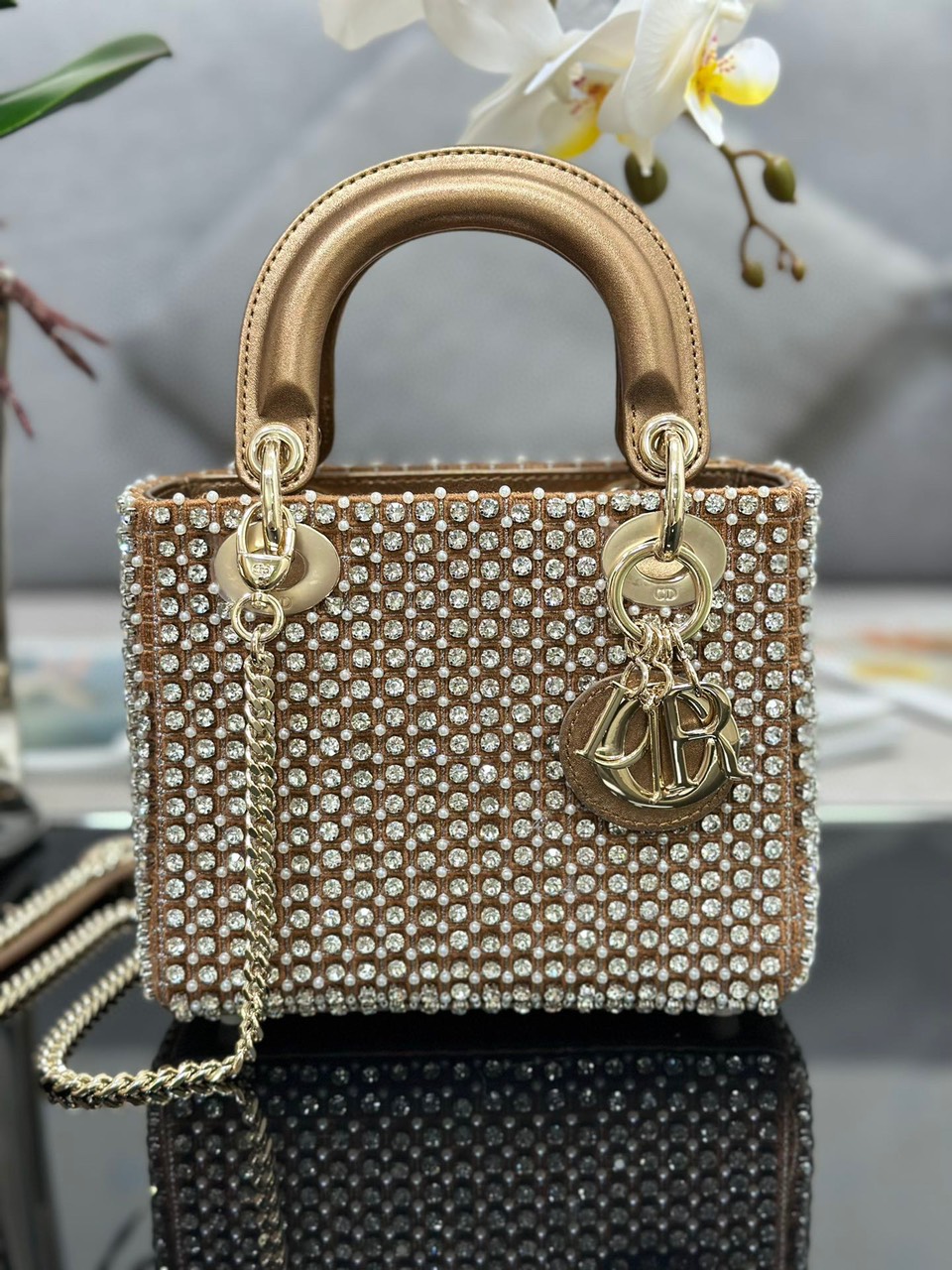 Túi Xách Dior Lady ĐÍnh Đá Siêu Cấp Màu Gold M0505