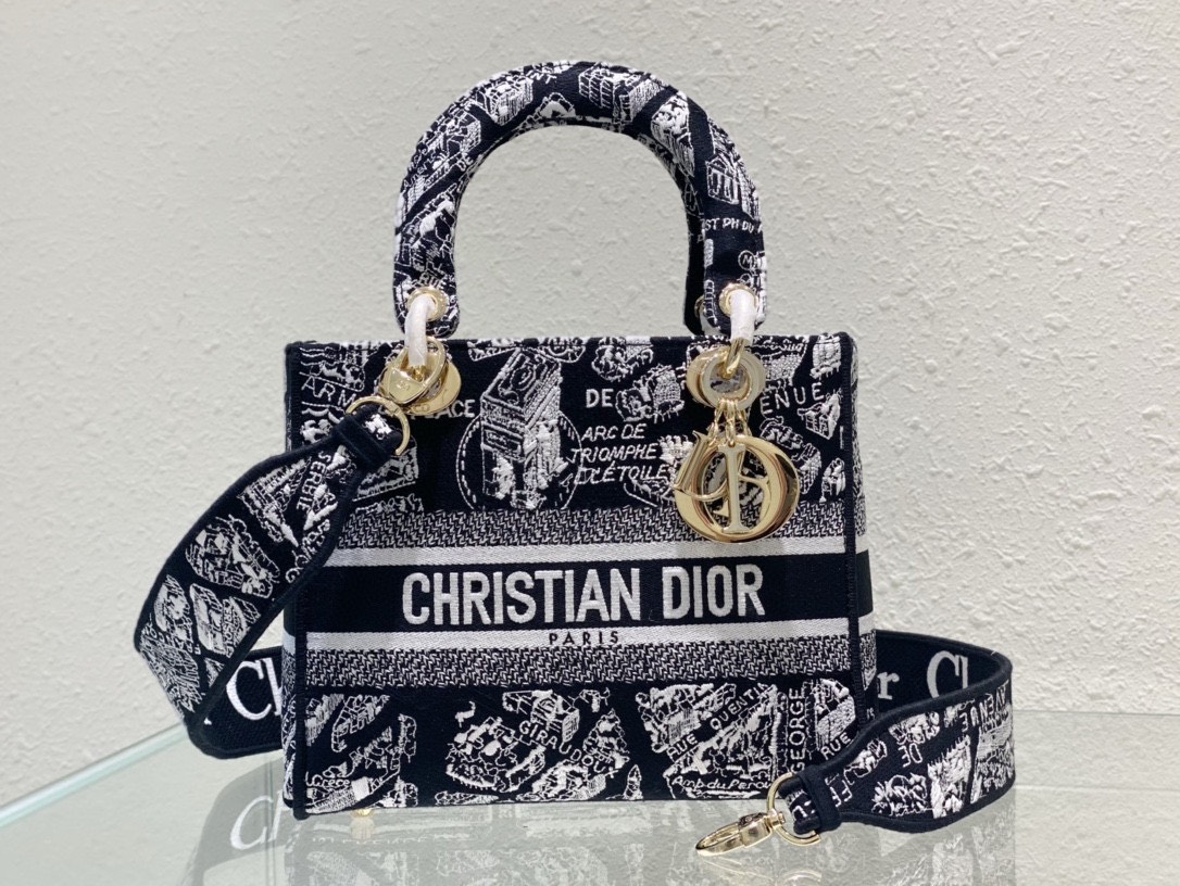 Túi Xách Dior Lady D-Lite Thổ Cẩm Siêu Cấp Màu Đen Size 24cm