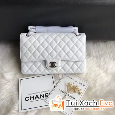 Túi Xách Chanel Classic Flap Bag Siêu Cấp Da Hạt Khóa Bạc Màu Trắng