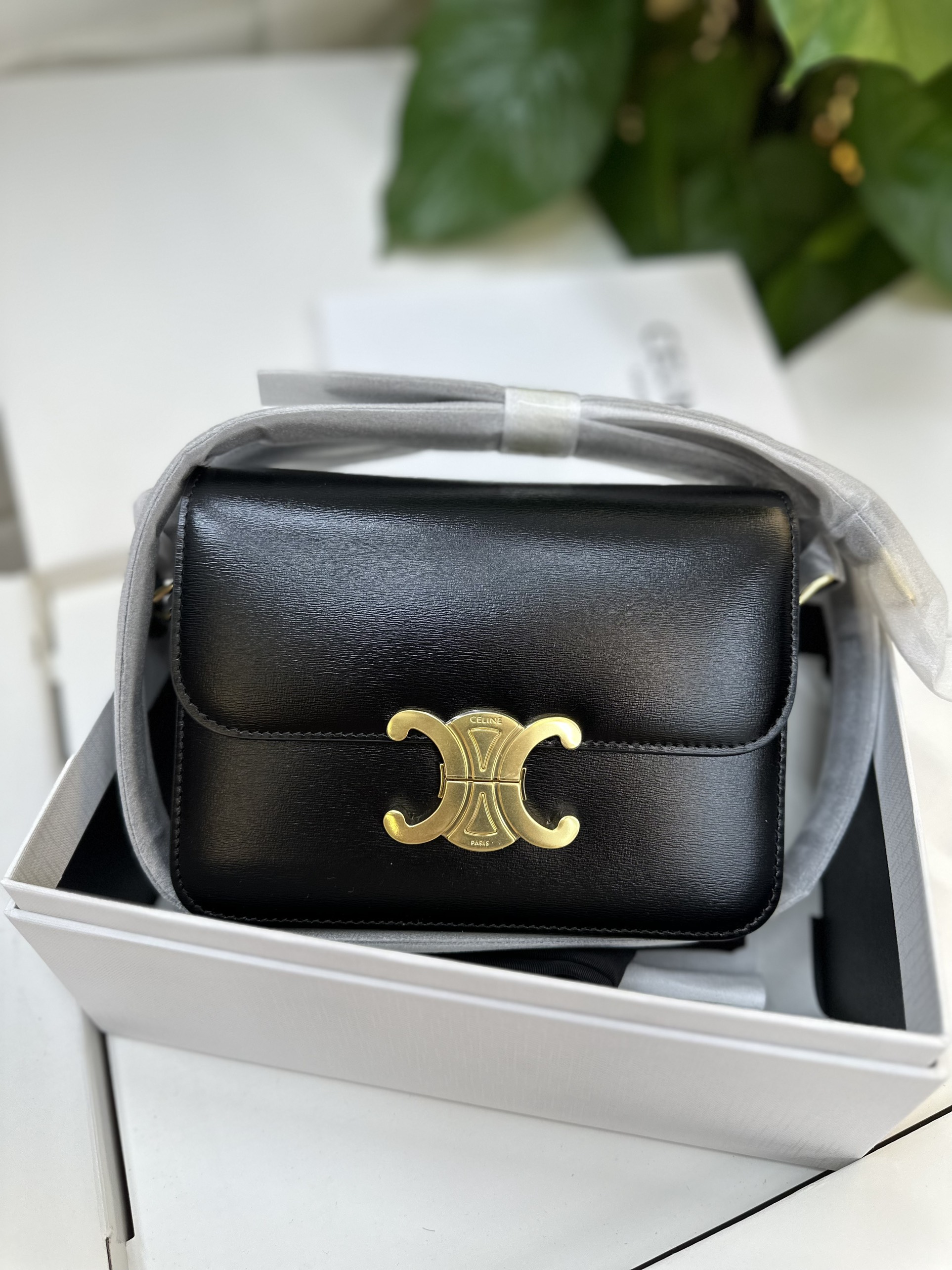 Túi Xách Celine Teen Triomphe Bag In Shiny Calfskin Black Siêu Cấp Size 19cm