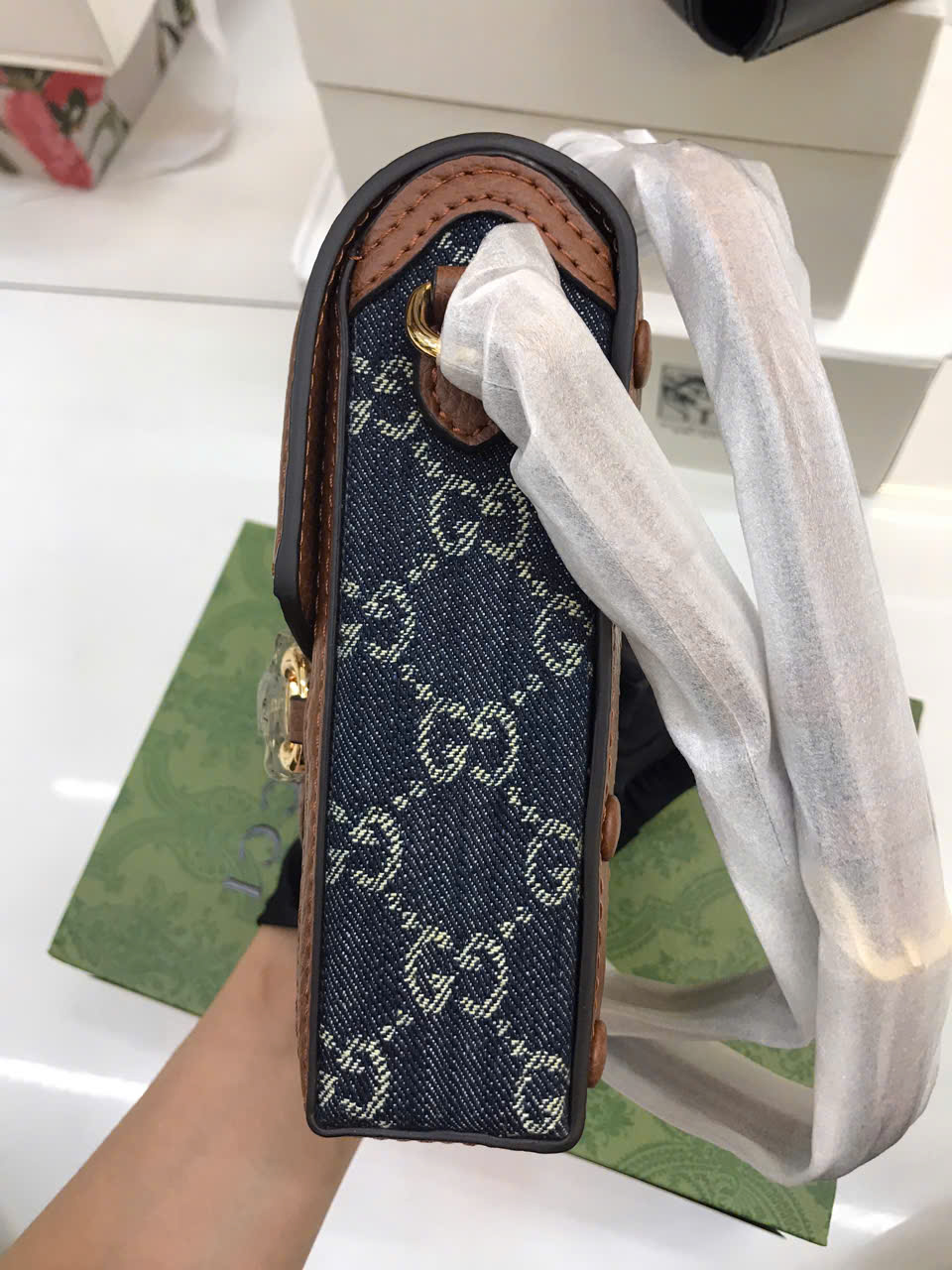 Túi Gucci Horsebit 1955 Mini Blue Brown Bang Super Size 17cm