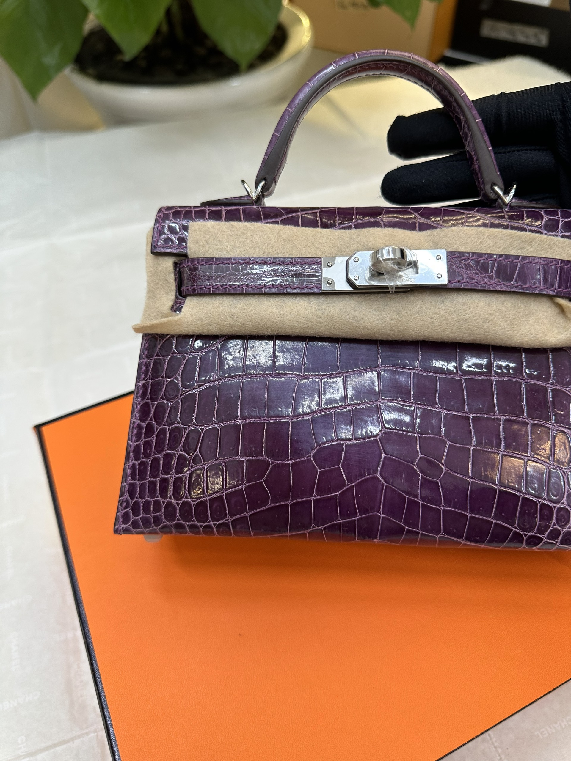 Túi Hermès Kelly Pochette Alligator Amethyst VIP Màu Tím Size 19cm