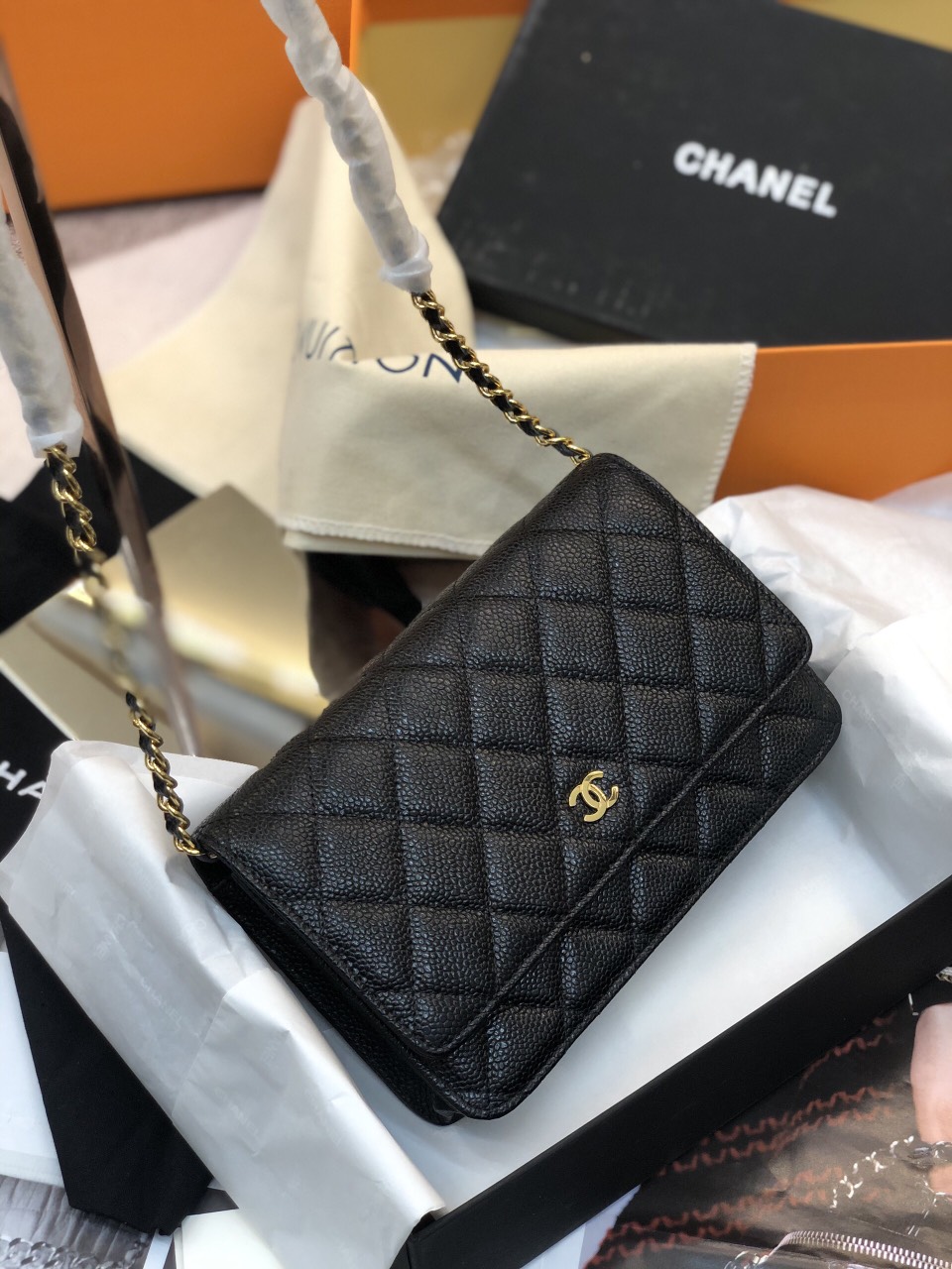 Túi Xách Chanel Siêu Cấp Woc Màu Đen Da Hạt Khóa Vàng Size 20