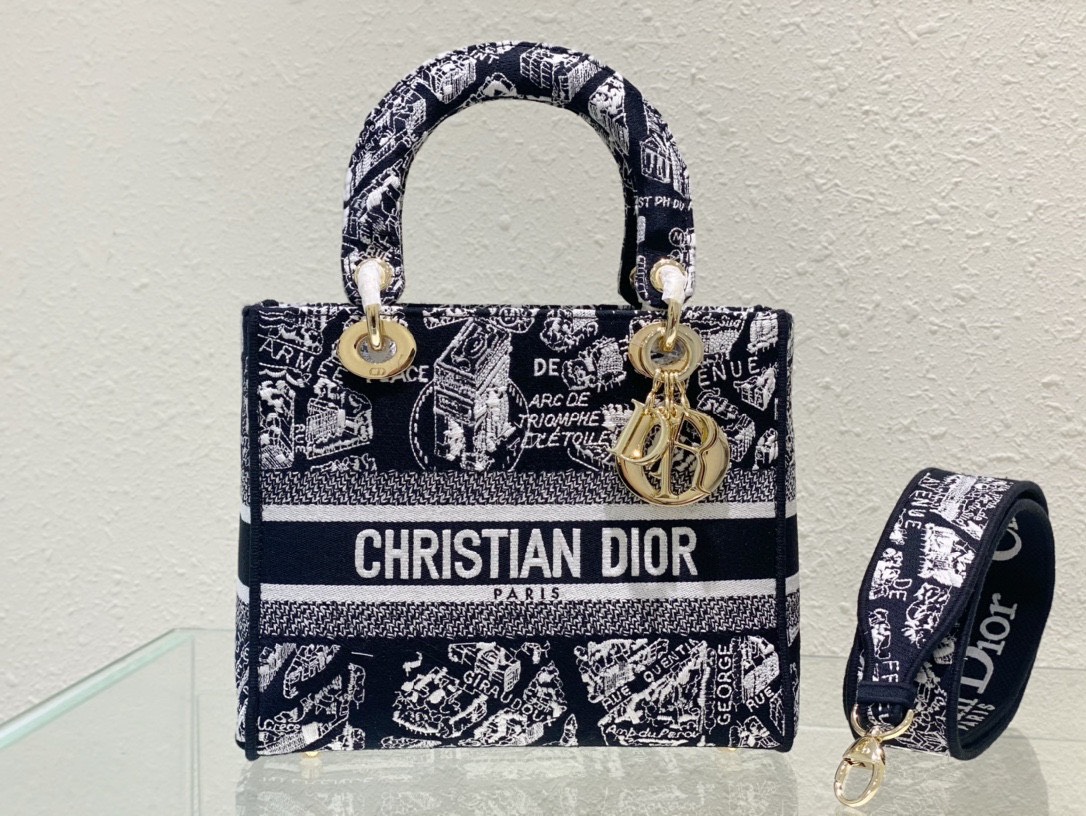 Túi Xách Dior Lady D-Lite Thổ Cẩm Siêu Cấp Màu Đen Size 24cm