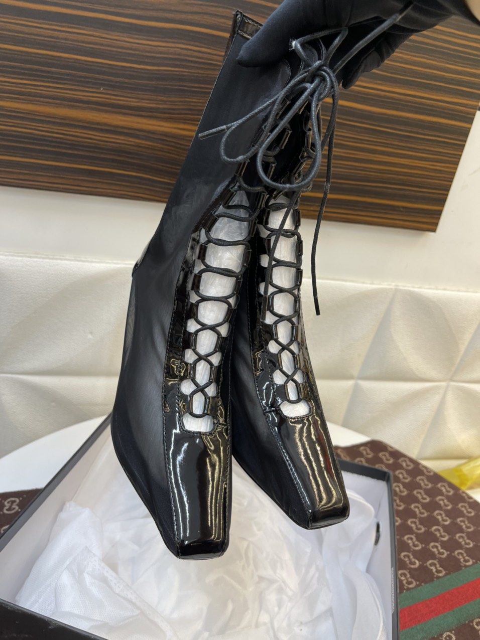 Giày Quảng Châu Cao Cấp - Giày Boot Lưới Pha Da Màu Đen Size 35