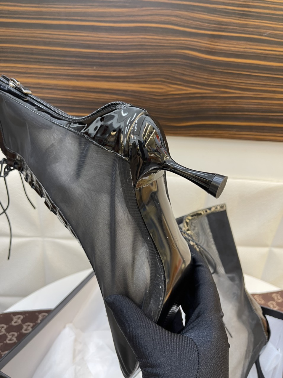 Giày Quảng Châu Cao Cấp - Giày Boot Lưới Pha Da Màu Đen Size 35