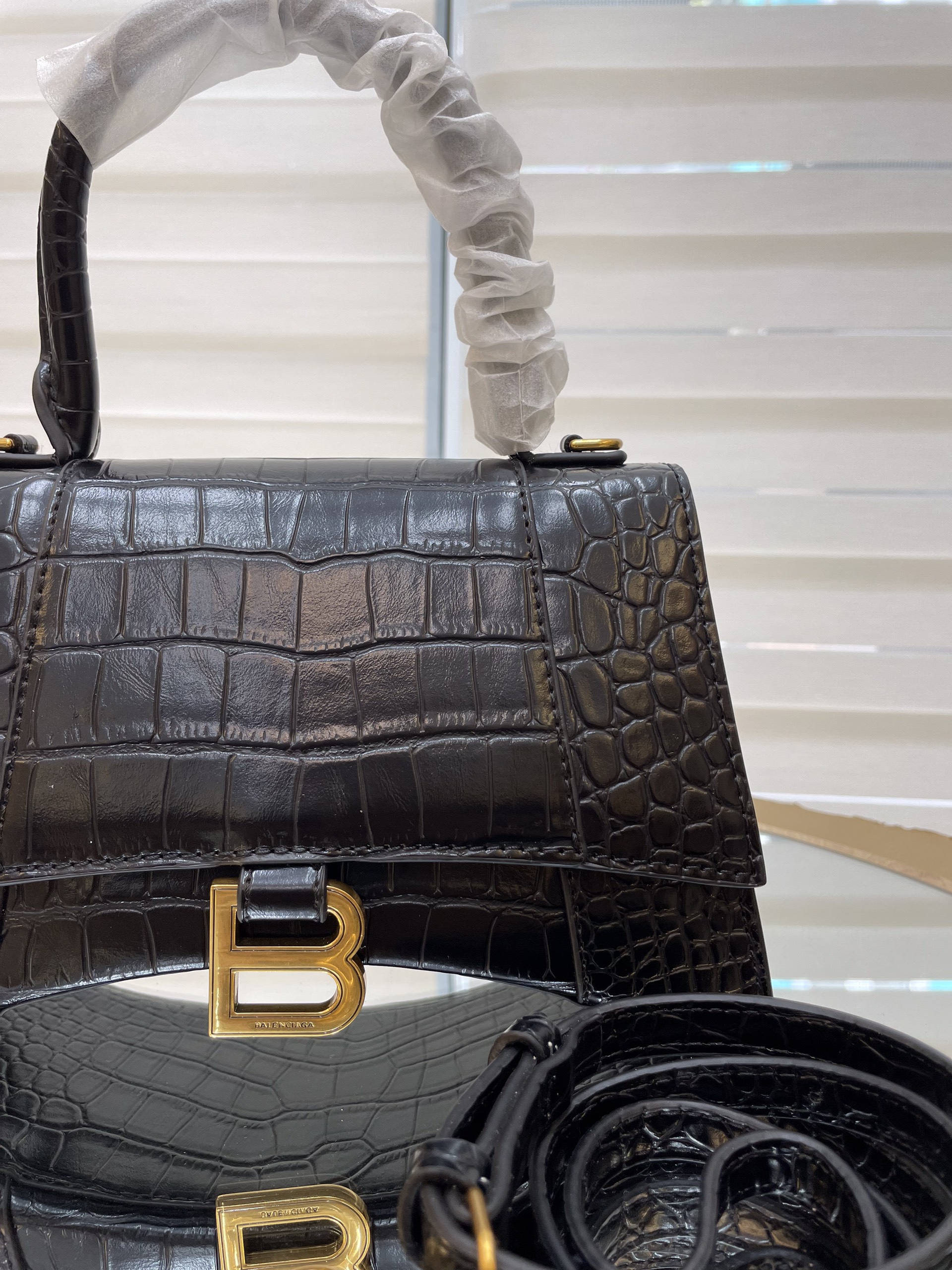 Túi Xách Balenciaga Hourglass Super Da Cá Sấu Size 25cm Màu Đen