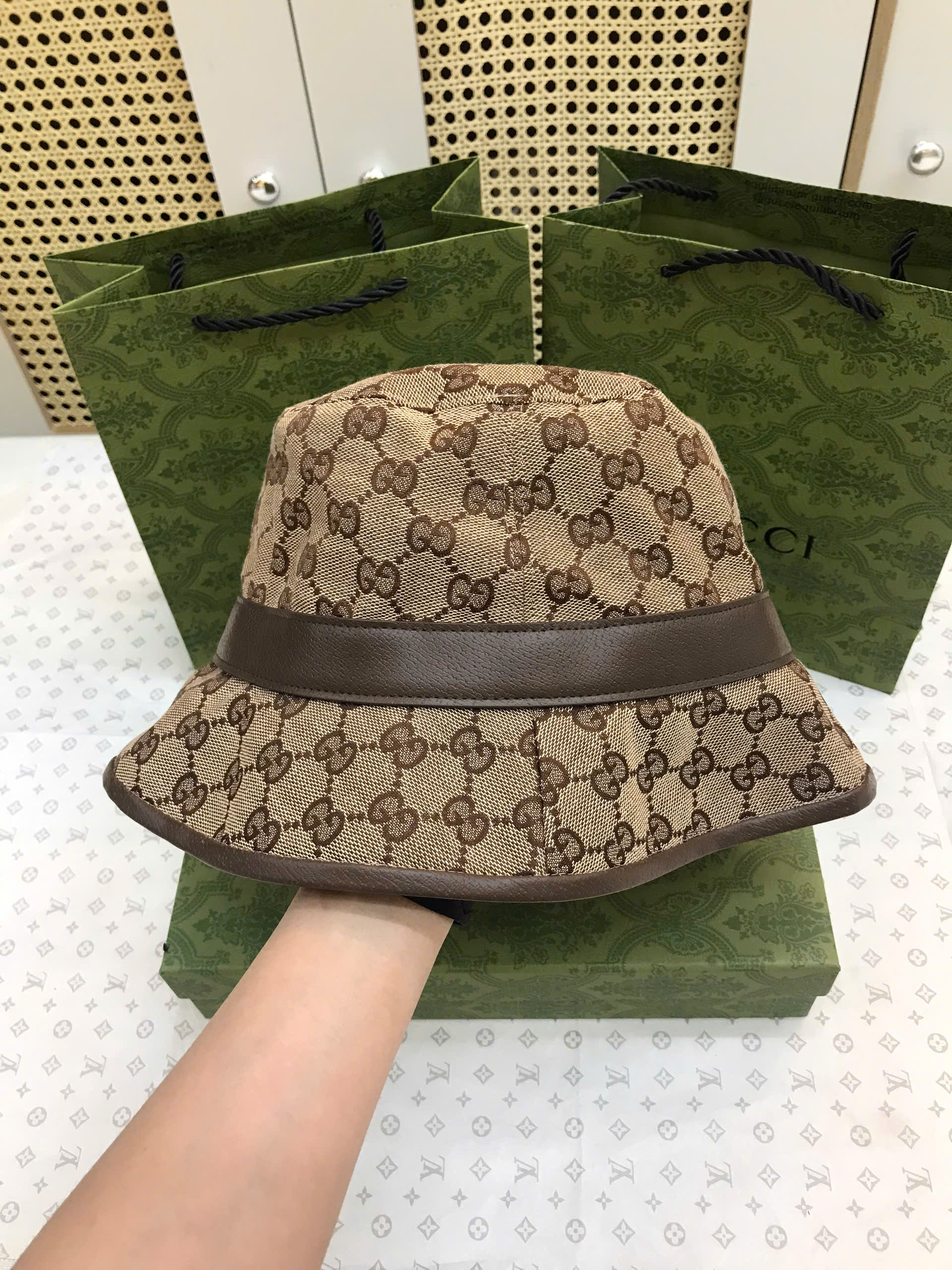 Nón GG Canvas Bucket Hat Siêu Cấp Màu Nâu