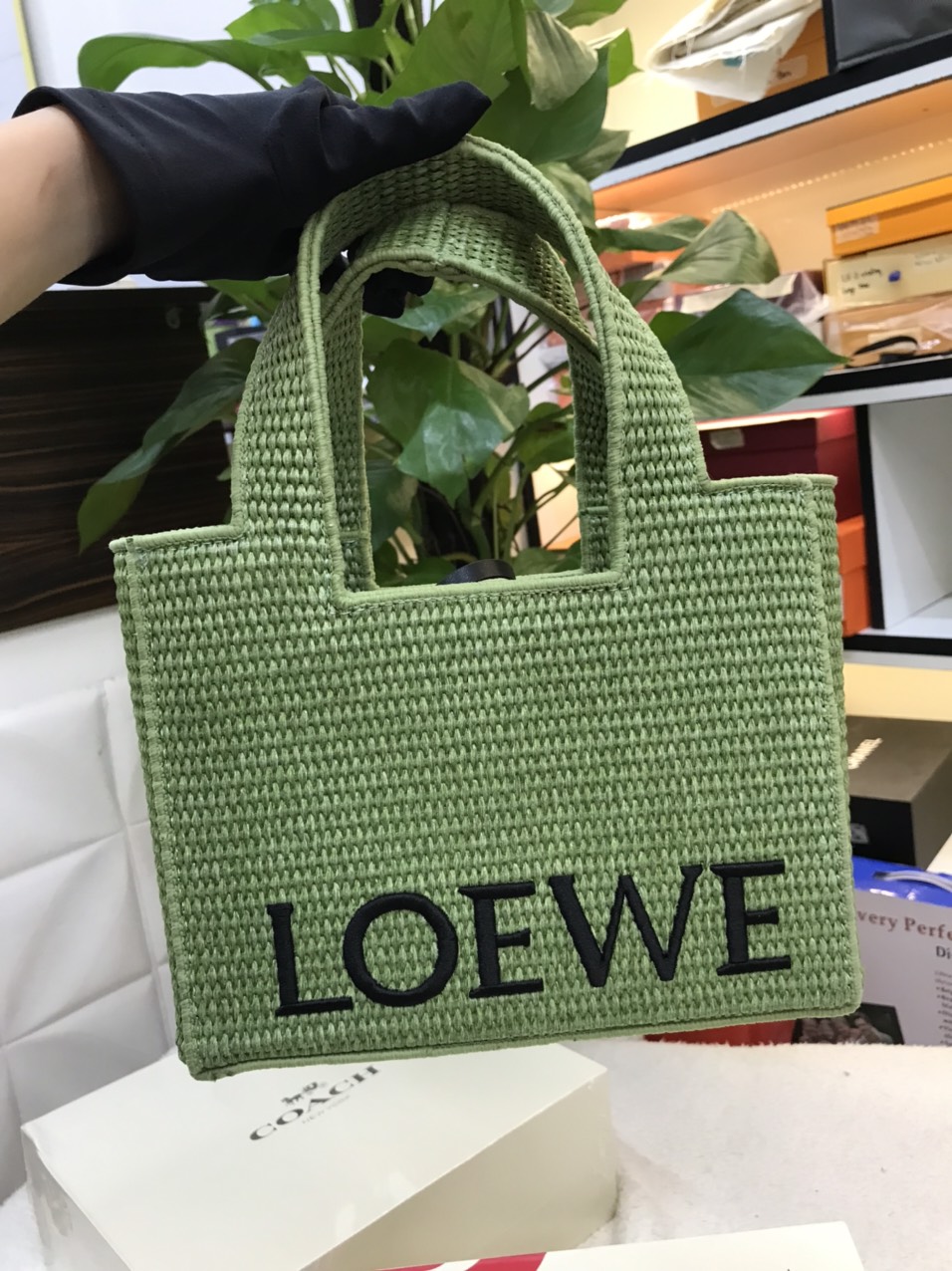 Túi Loewe Small Font Tote In Raffia Màu Xanh Size 25cm