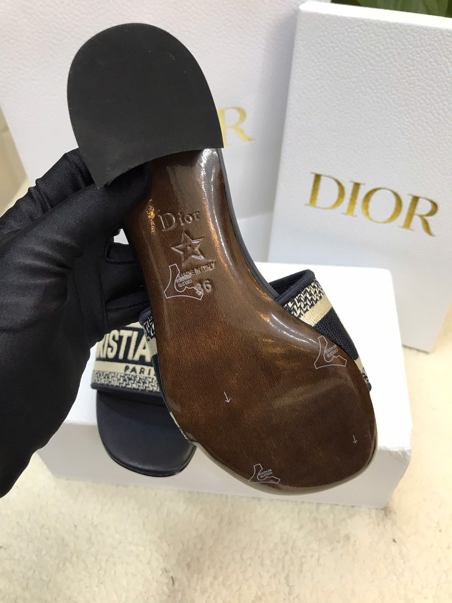 Dép Dior Dway Heeled Slide Deep Blue Embroidered Cotton Siêu Cấp Màu Đen Size 36