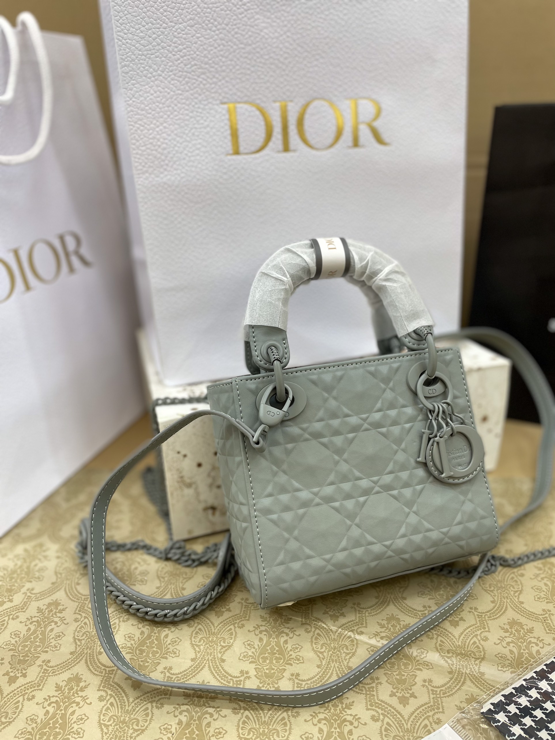 Túi Xách Dior Lady Diamond Super Màu Xám Size 18cm Full Box