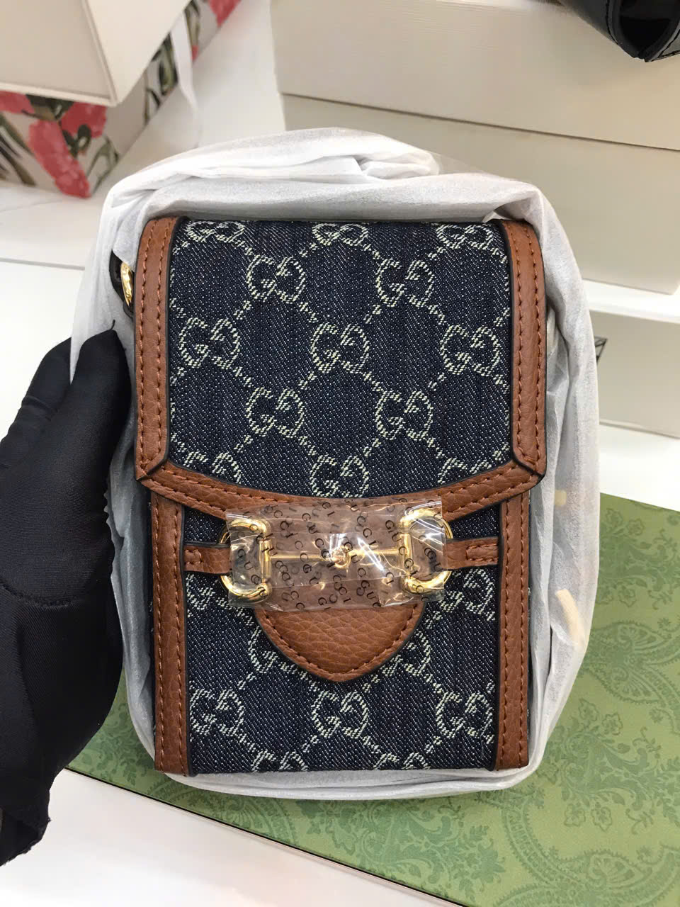 Túi Gucci Horsebit 1955 Mini Blue Brown Bang Super Size 17cm