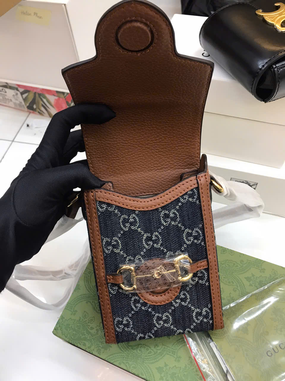 Túi Gucci Horsebit 1955 Mini Blue Brown Bang Super Size 17cm