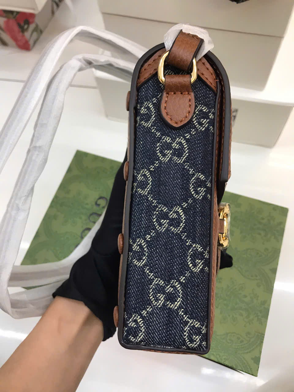 Túi Gucci Horsebit 1955 Mini Blue Brown Bang Super Size 17cm