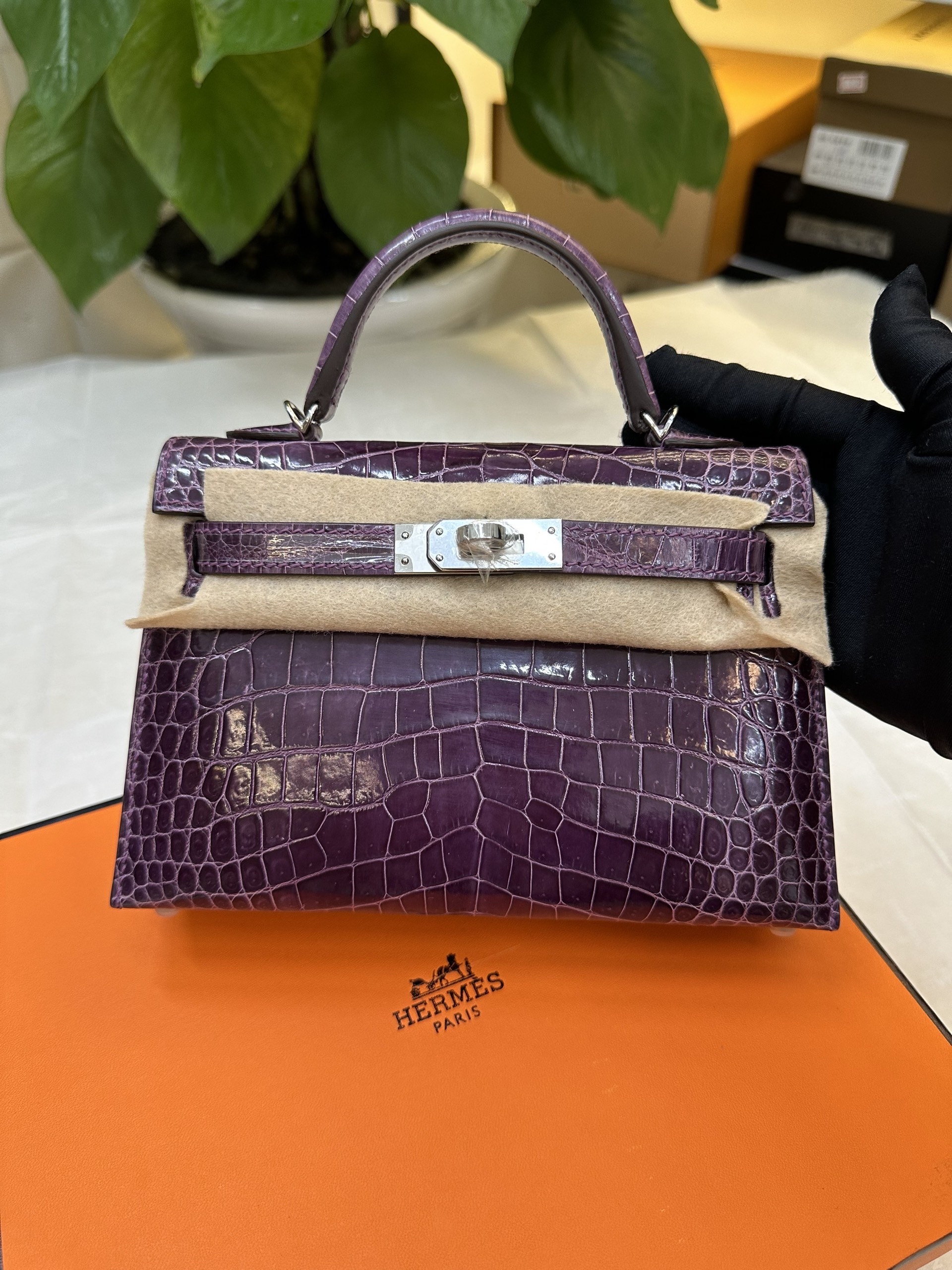 Túi Hermès Kelly Pochette Alligator Amethyst VIP Màu Tím Size 19cm