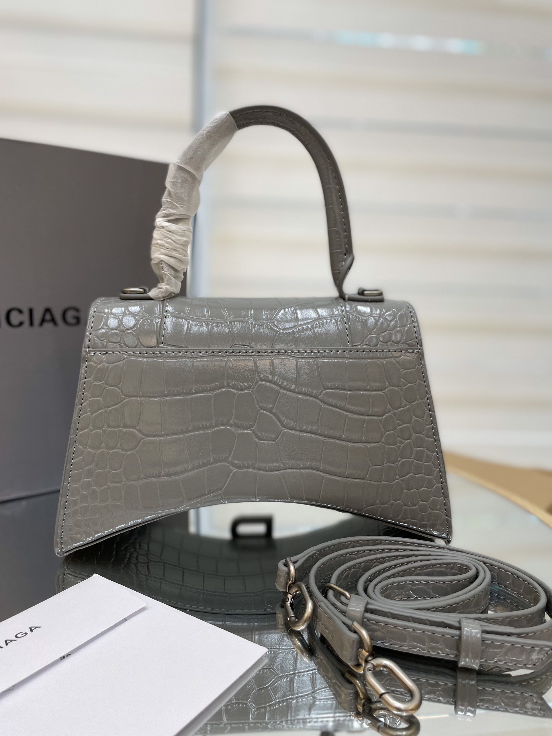 Túi Xách Balenciaga Hourglass Super Da Cá Sấu Size 25cm Màu Xám