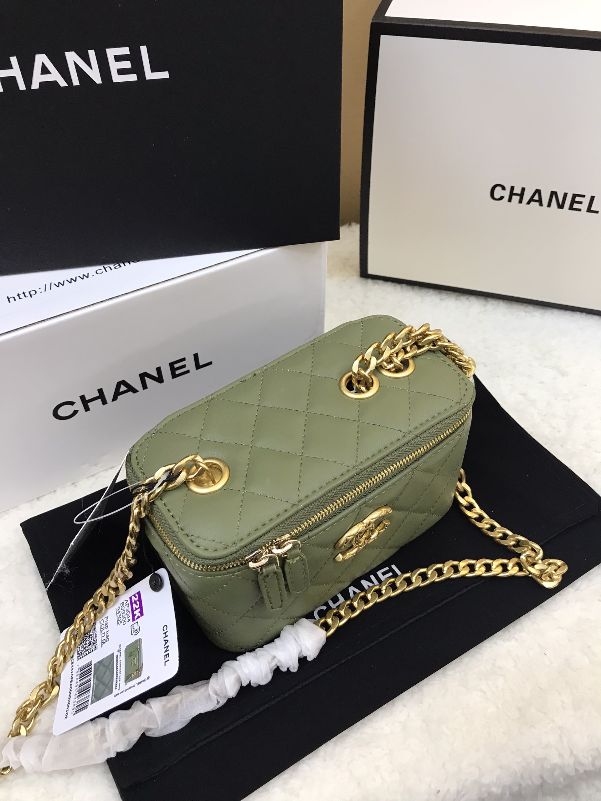Túi Xách Chanel Vanity Super Khóa Kéo Size 18cm Màu Xanh Rêu