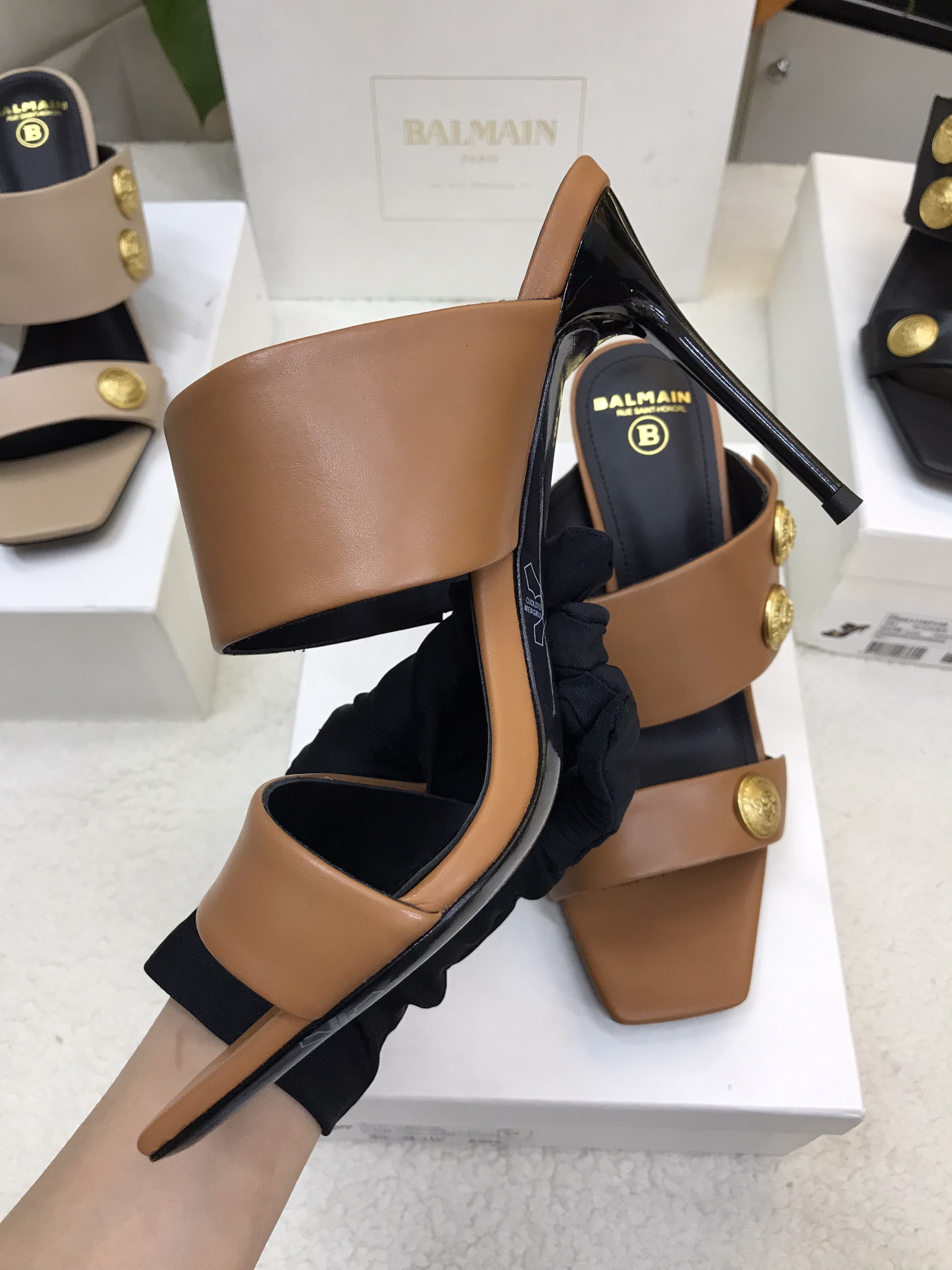 Giày Balmain Heeled Eva Mules In Calfskin Siêu Cấp Màu Nâu Size 39