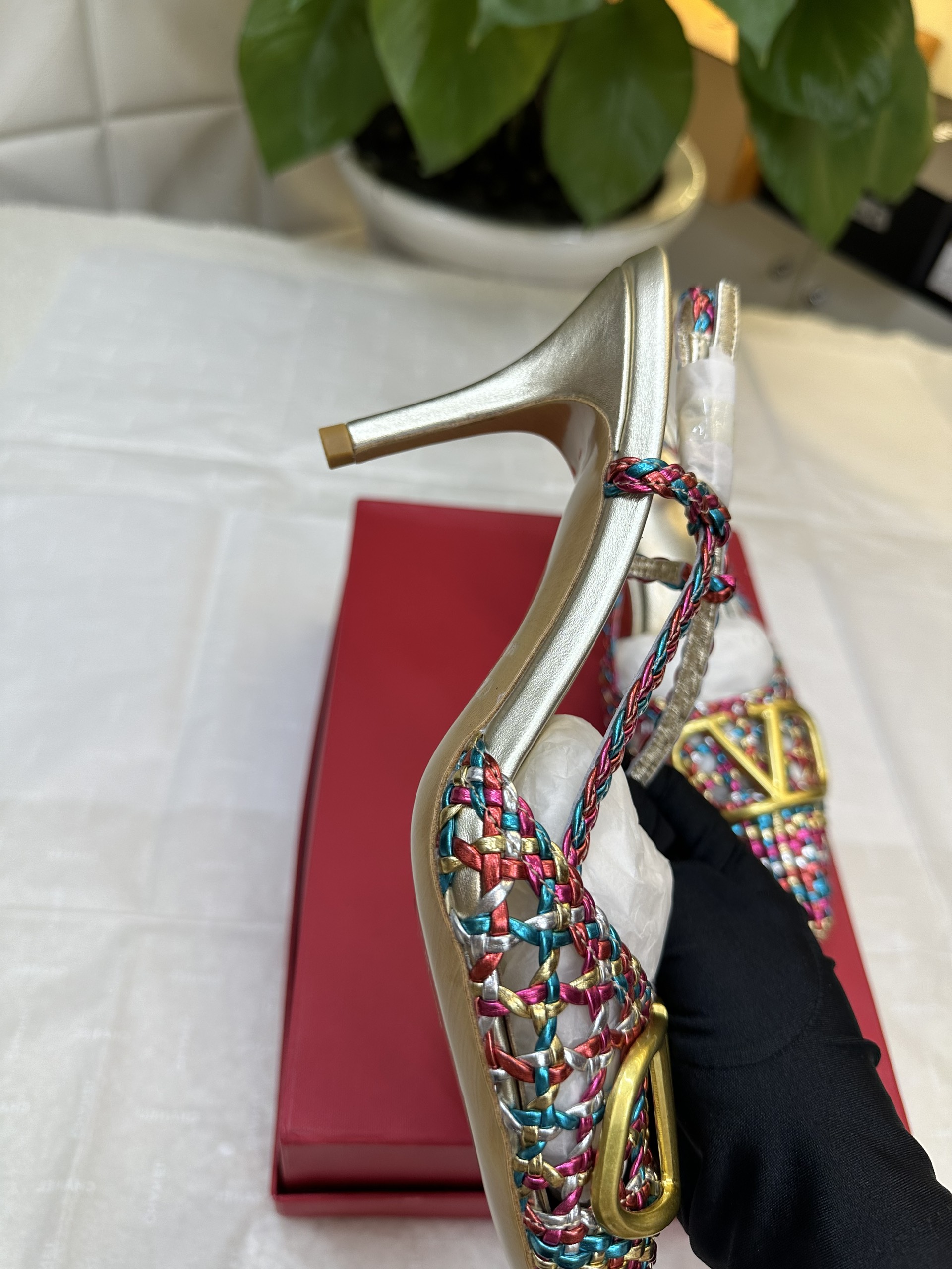 Giày Valentino Vlogo Signature Slingback Pump In Woven Metallic Nappa 80mm Siêu Cấp Size 39