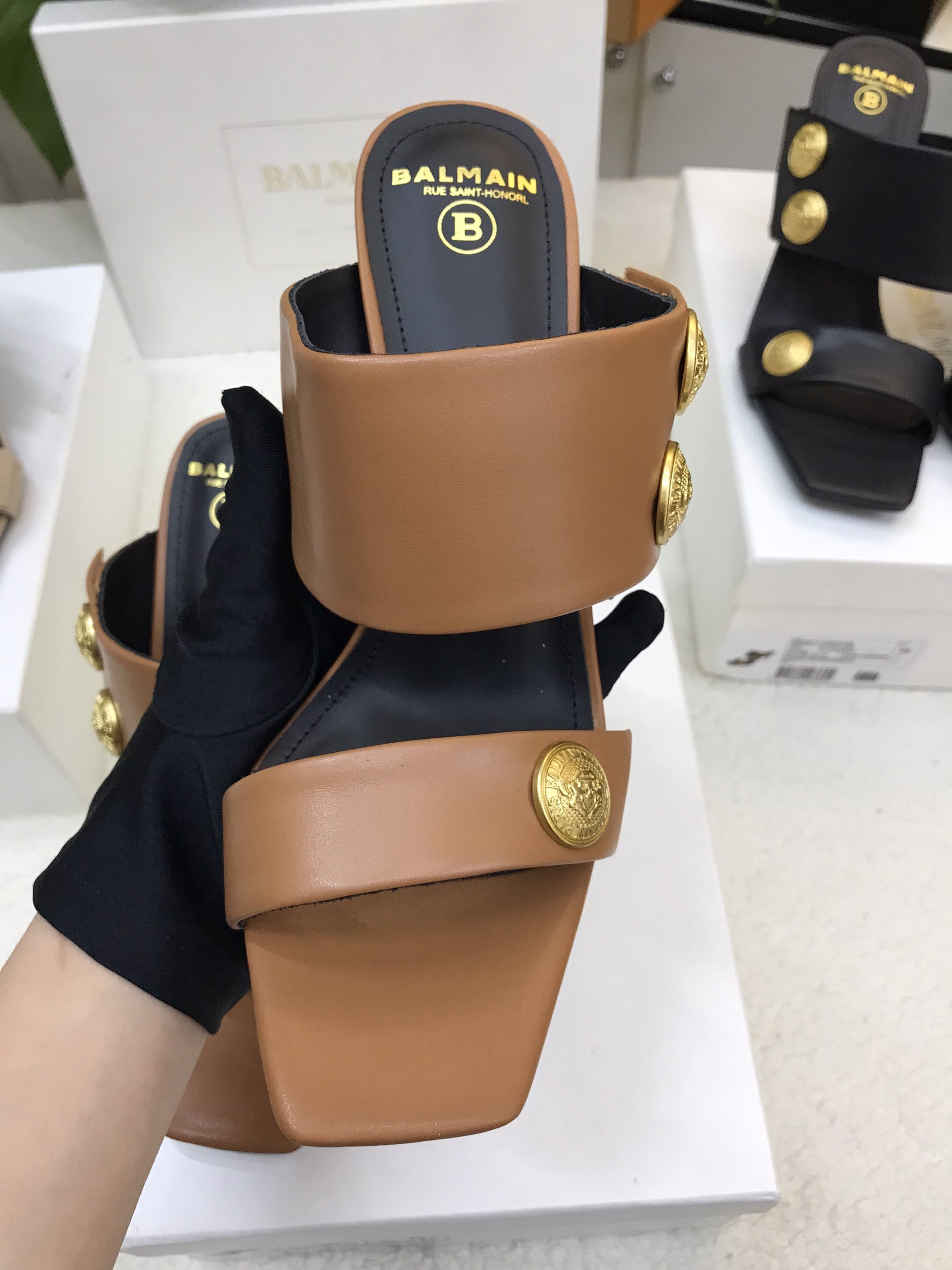 Giày Balmain Heeled Eva Mules In Calfskin Siêu Cấp Màu Nâu Size 39