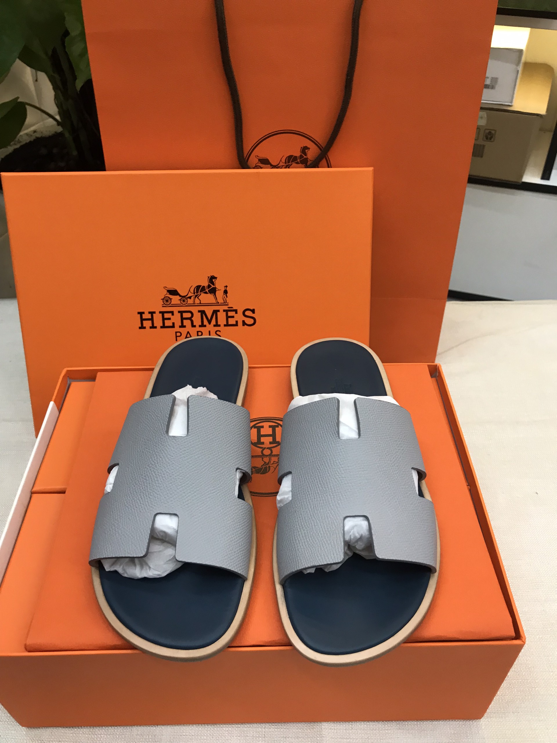 Giày/Dép Hermes Izmir Sandal Noir Siêu Cấp Màu Xanh Phối Size 41