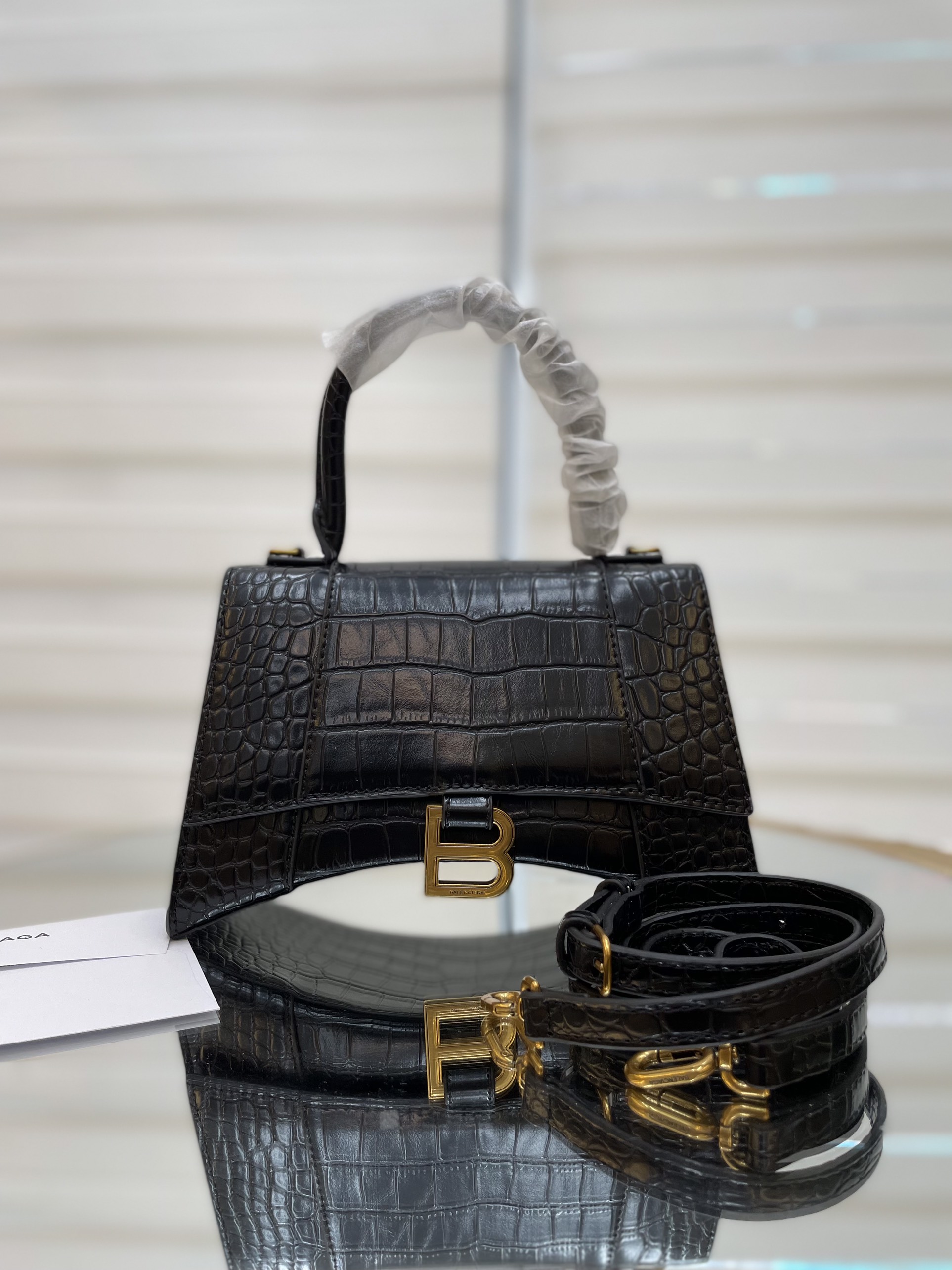 Túi Xách Balenciaga Hourglass Super Da Cá Sấu Size 25cm Màu Đen