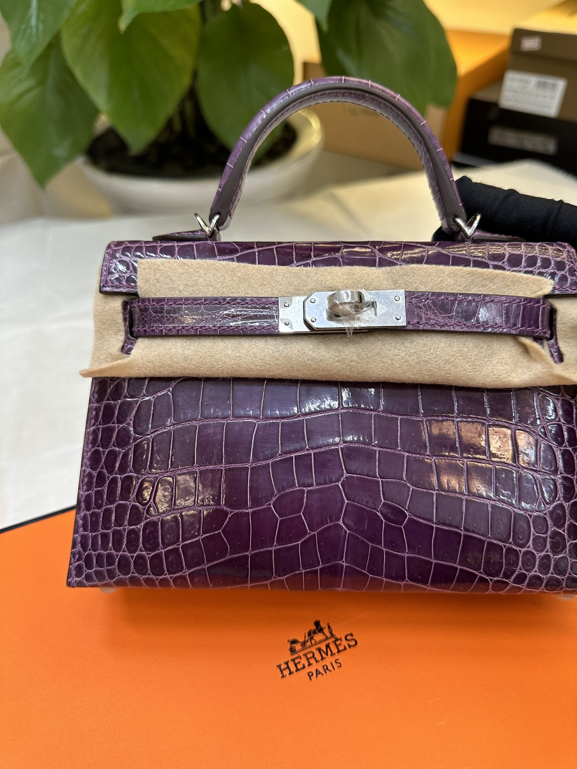 Túi Hermès Kelly Pochette Alligator Amethyst VIP Màu Tím Size 19cm