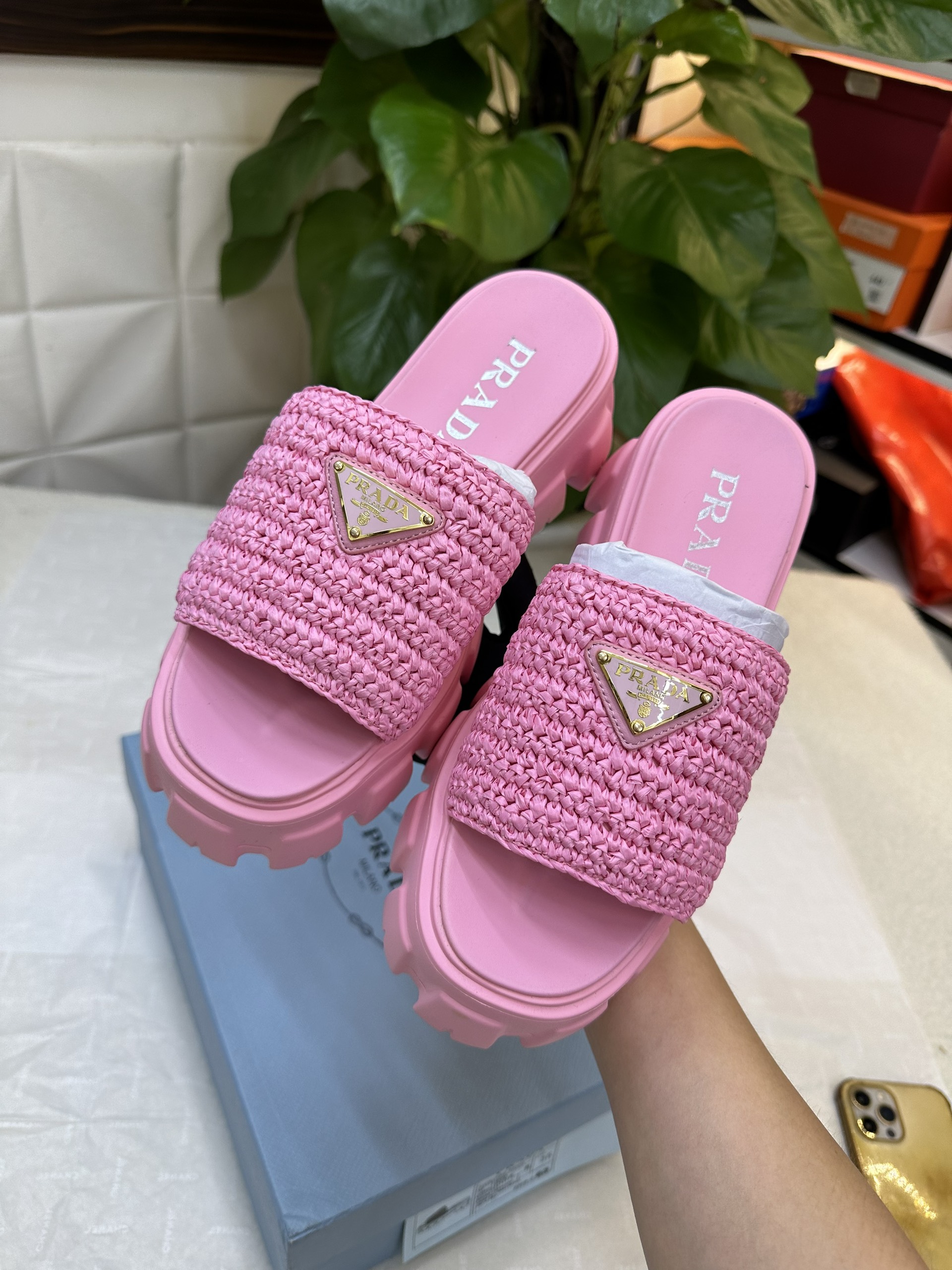 Giày Prada Crochet Flatform Slides Pink Siêu Cấp Size 35