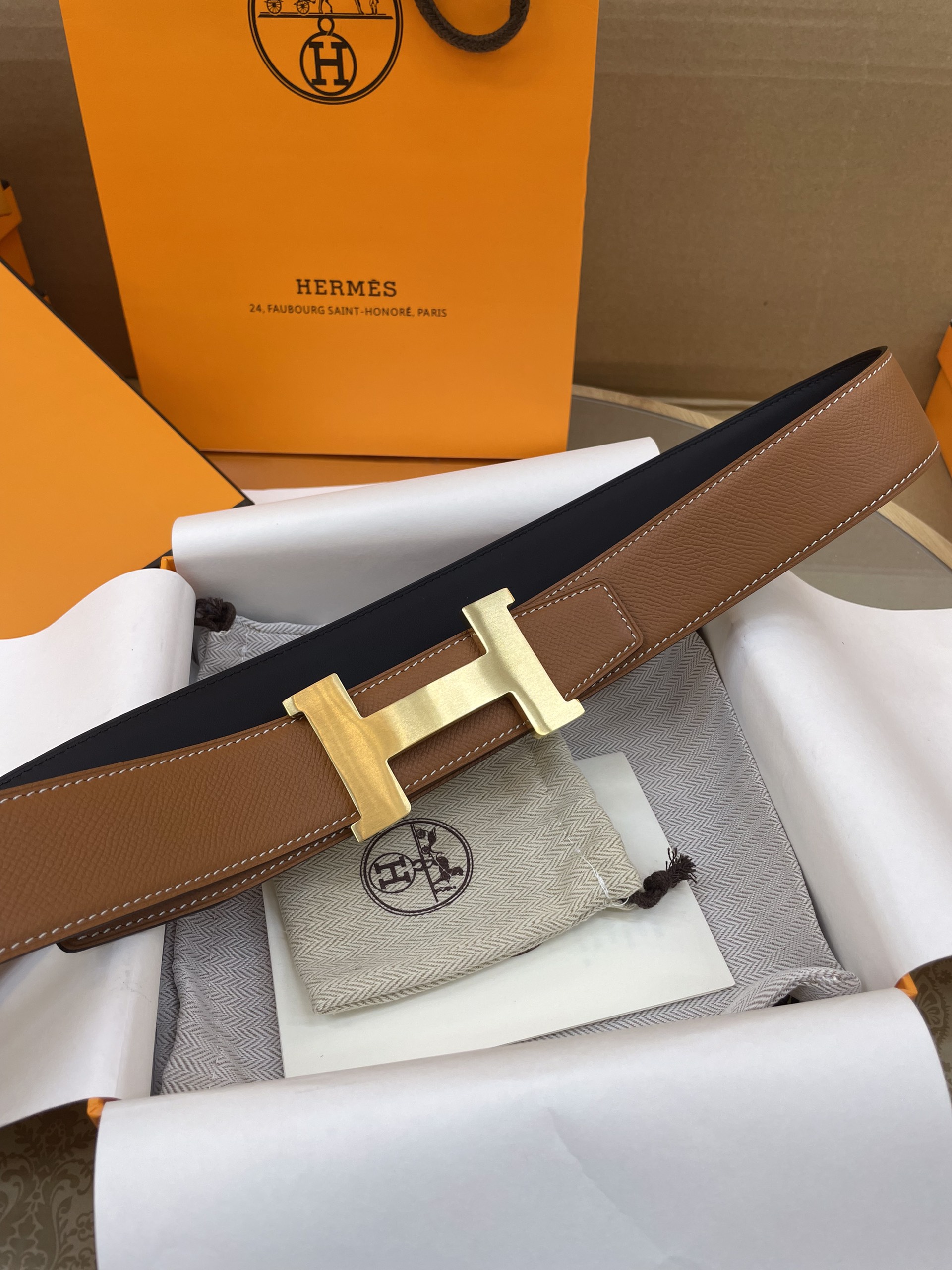 Thắt Lưng Hermes Logo H Da Epsom Màu Nâu 107cm/ 3.8cm