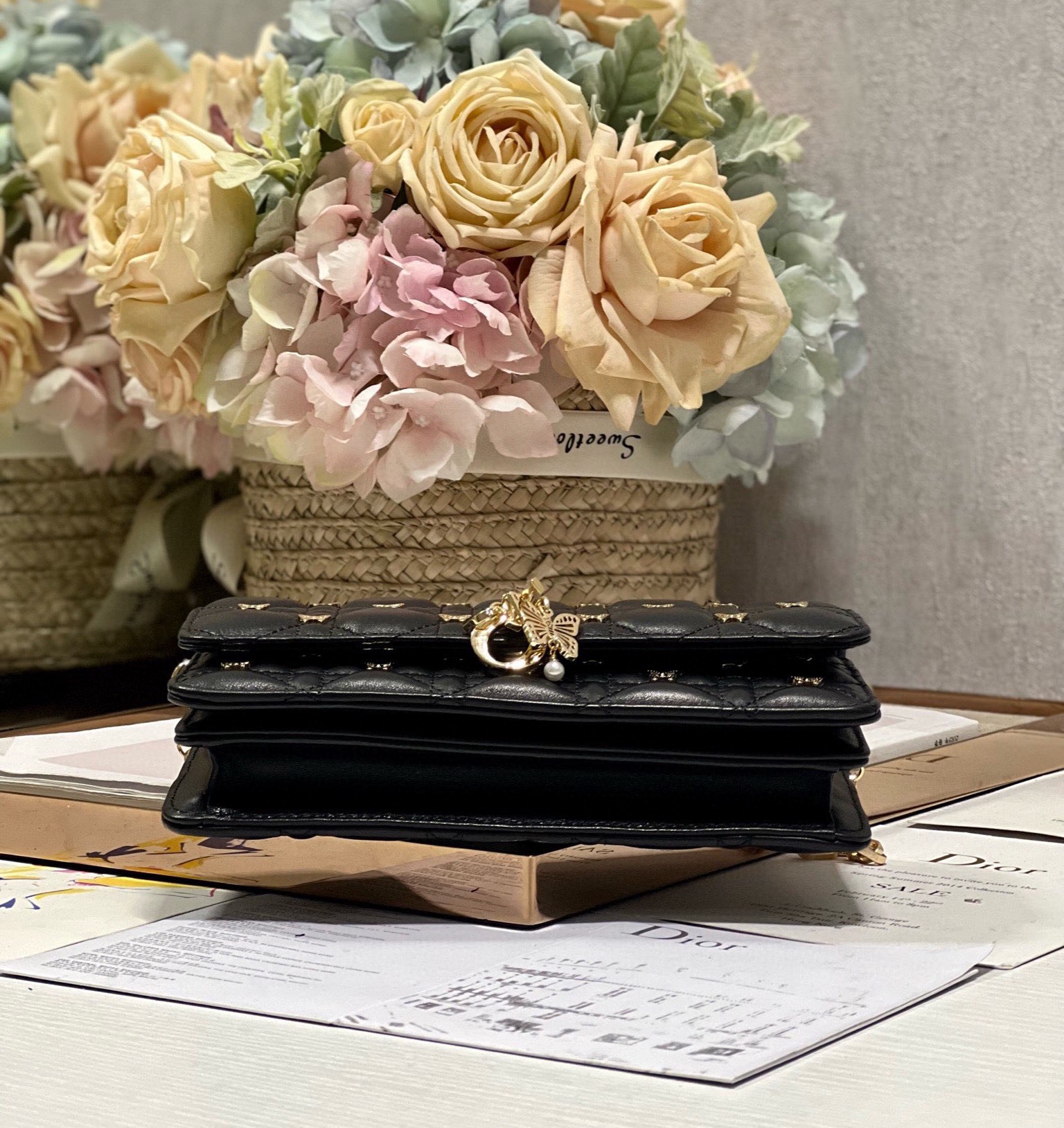 Túi DIOR Mini Miss Dior Bag Black Cannage Lambskin With Gold Butterfly Studs Size 21cm