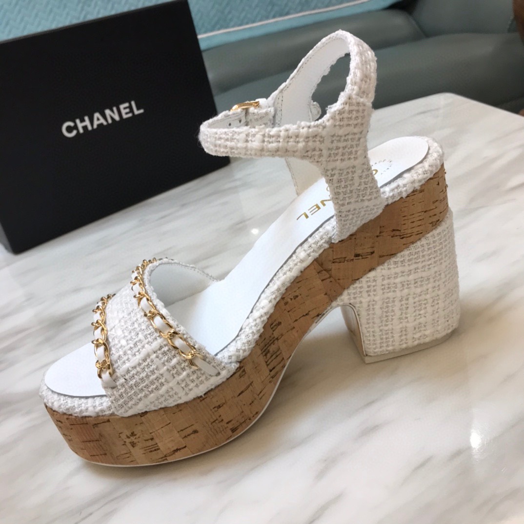 Giày Chanel Sandal Cao Gót SIêu Cấp Màu Trắng Đế Bằng