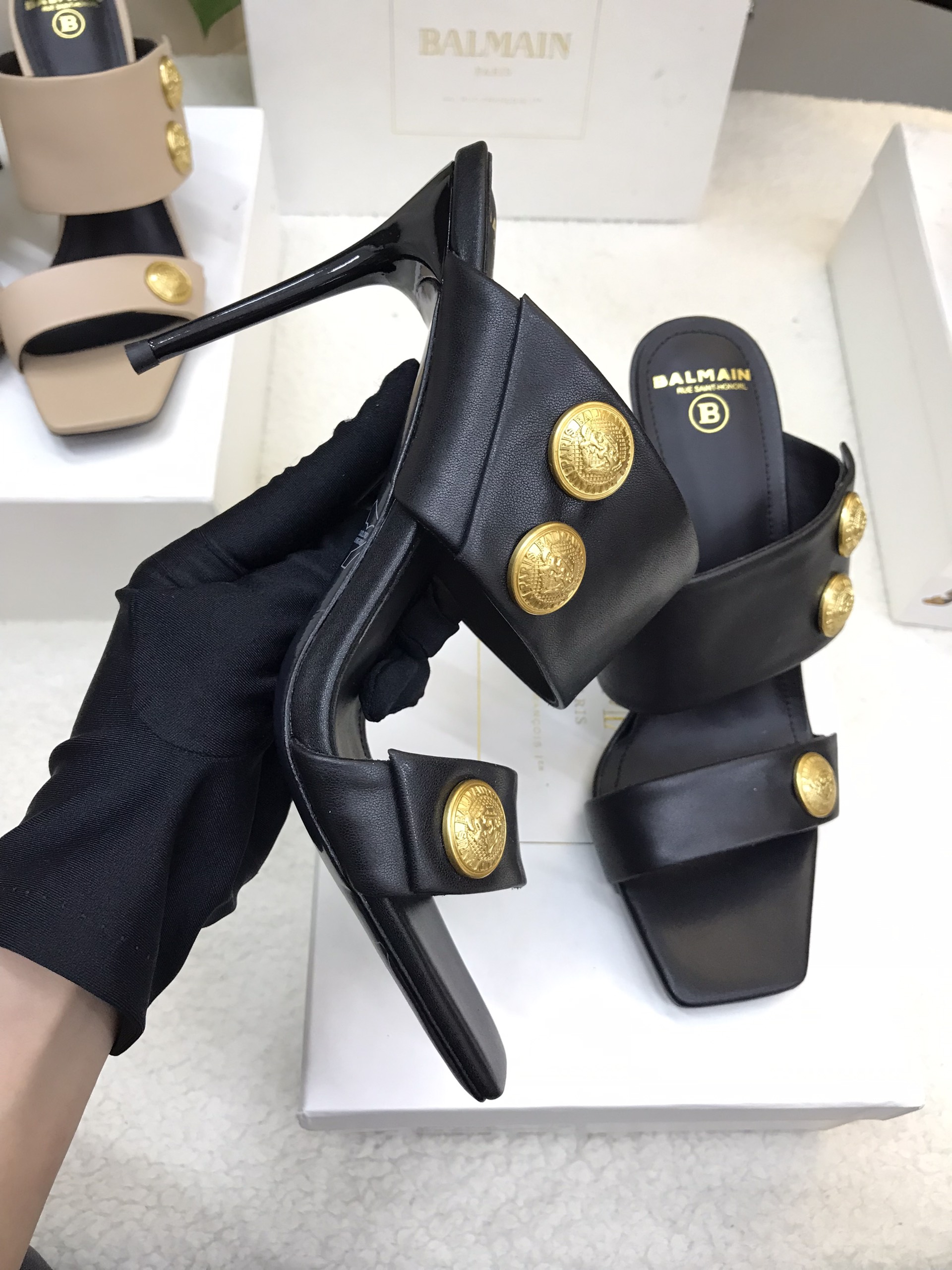 Giày Balmain Heeled Eva Mules In Calfskin Siêu Cấp Màu Đen Size 39