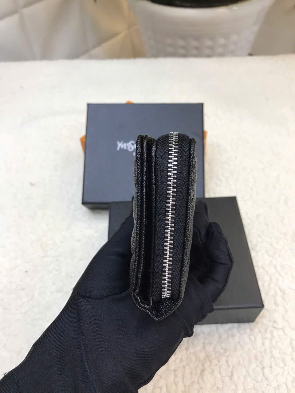 Ví YSL Caviar Short Wallet - Black (Silver) Super Màu Đen Size 12cm