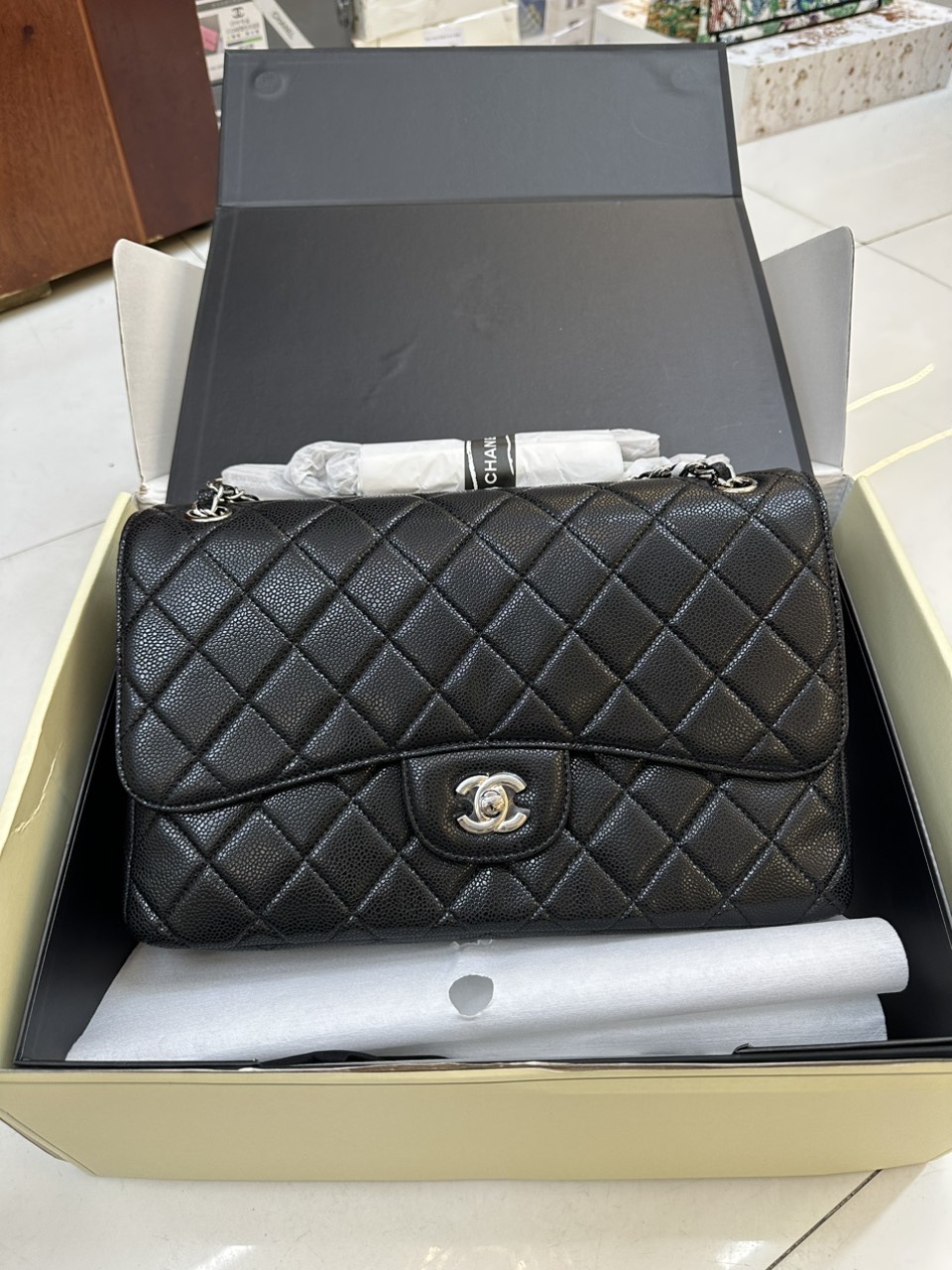 Túi Xách Chanel Classic Da Hạt Super Khóa Bạc Size 30cm
