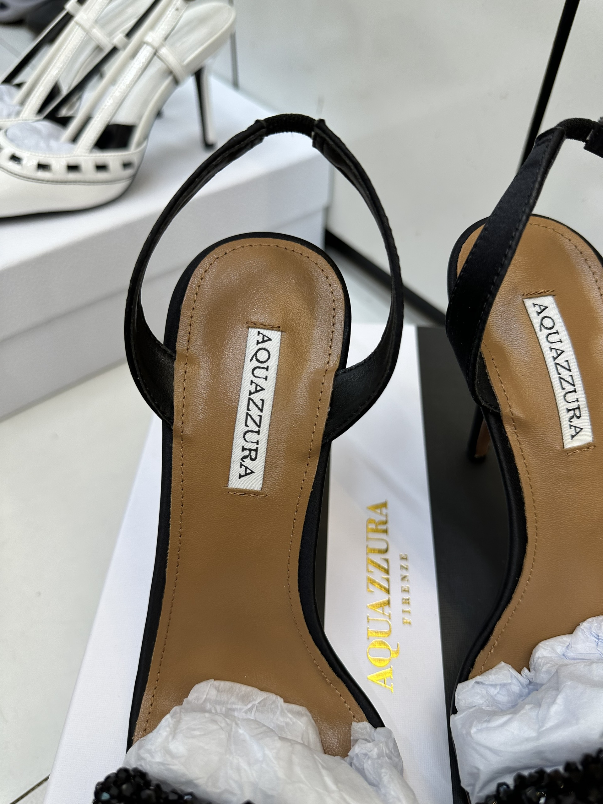 Giày Aquazzura Women Black Chain Of Love 105mm Satin Sandals Siêu Cấp Size 39
