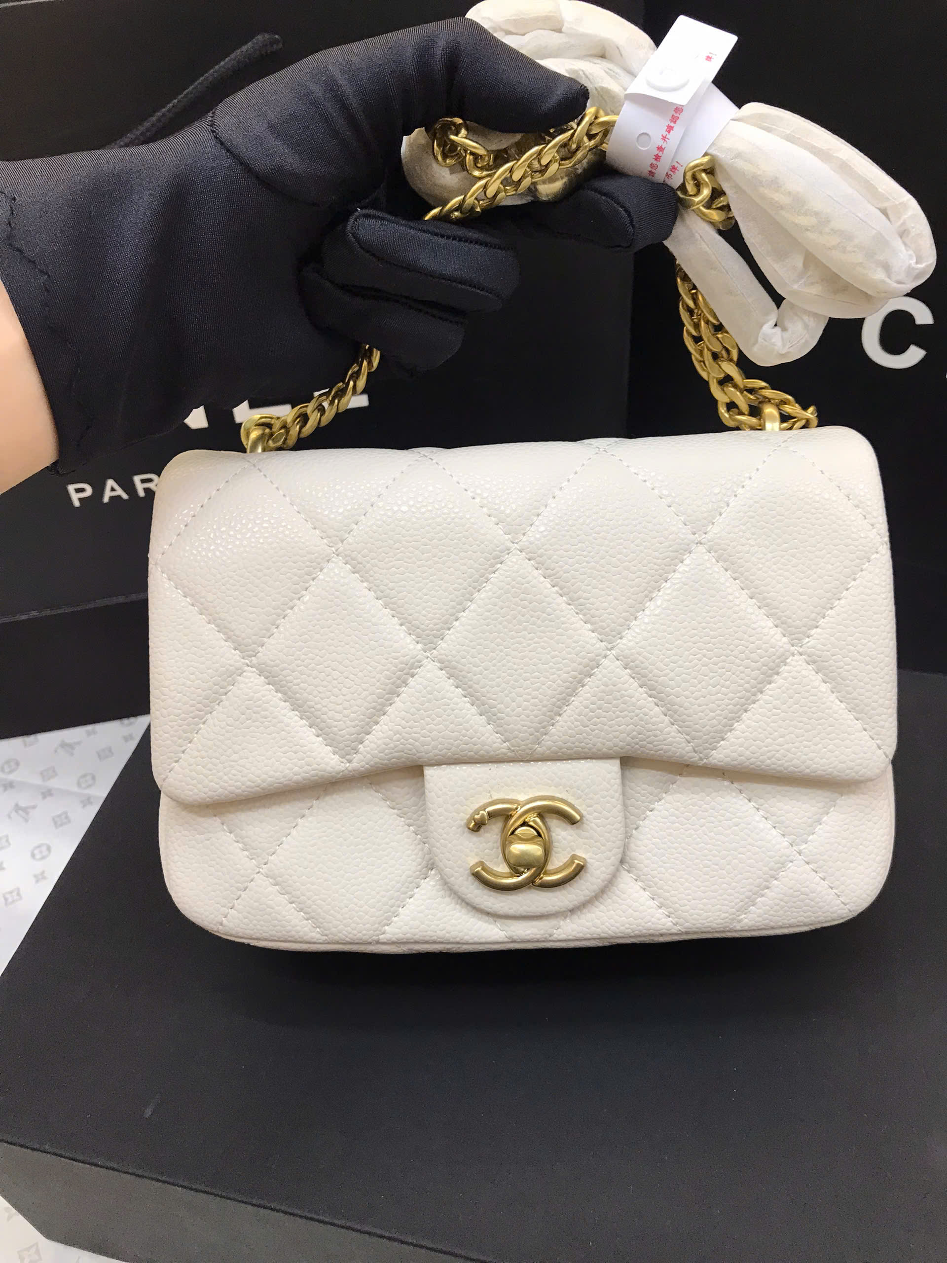 Túi Chanel Mini Flap Chain Bag White Calfskin Gold Super Màu Trắng Size 18cm