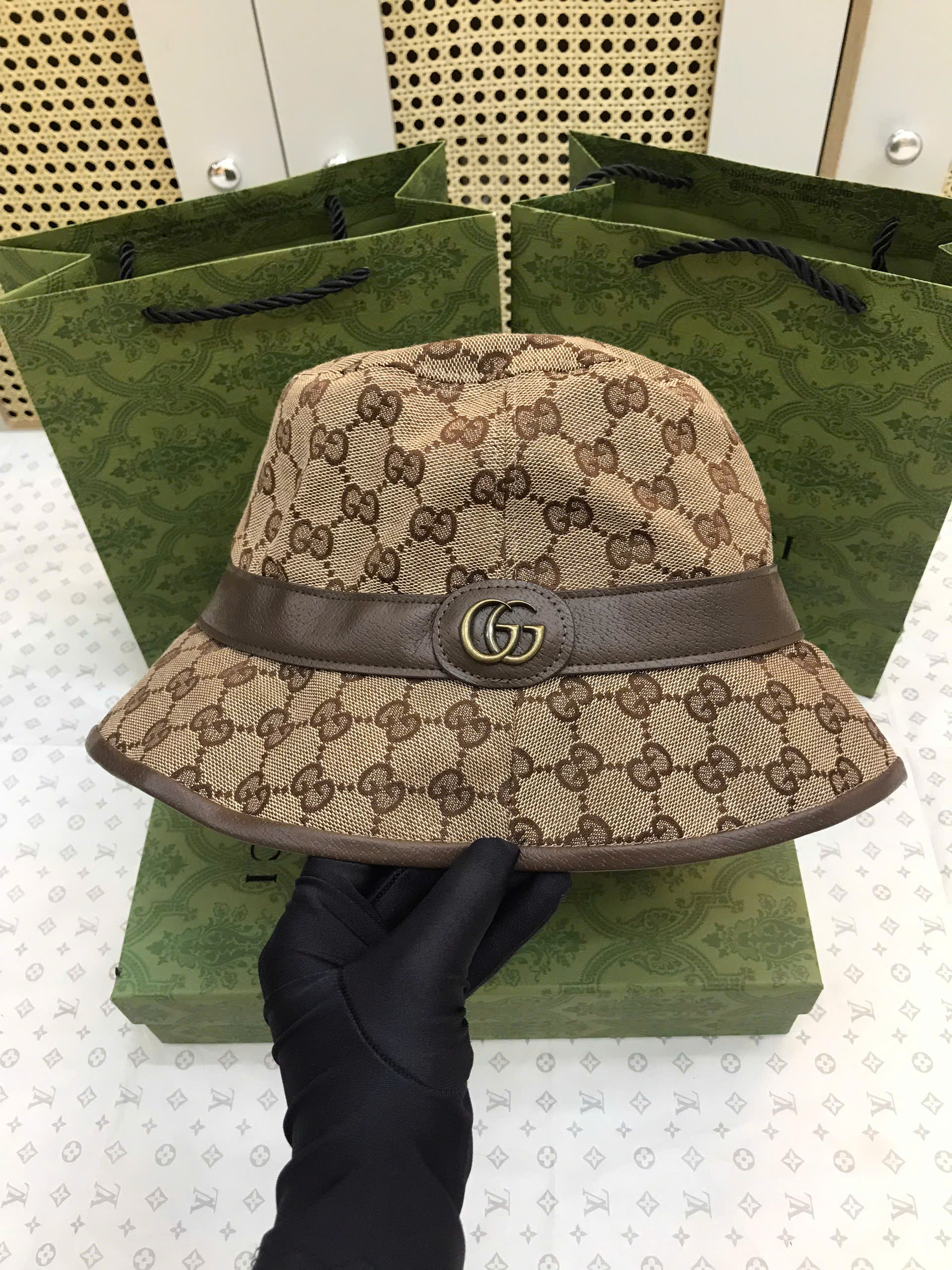 Nón GG Canvas Bucket Hat Siêu Cấp Màu Nâu