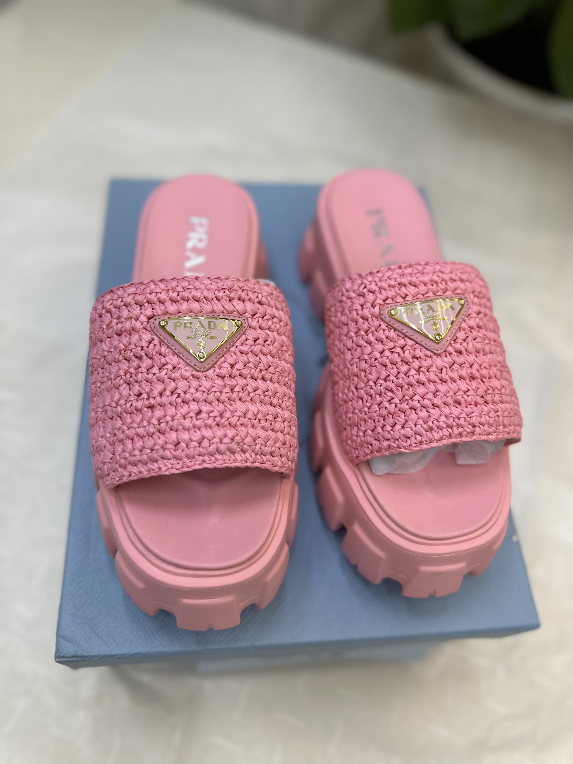 Giày Prada Crochet Flatform Slides Pink Siêu Cấp Size 35