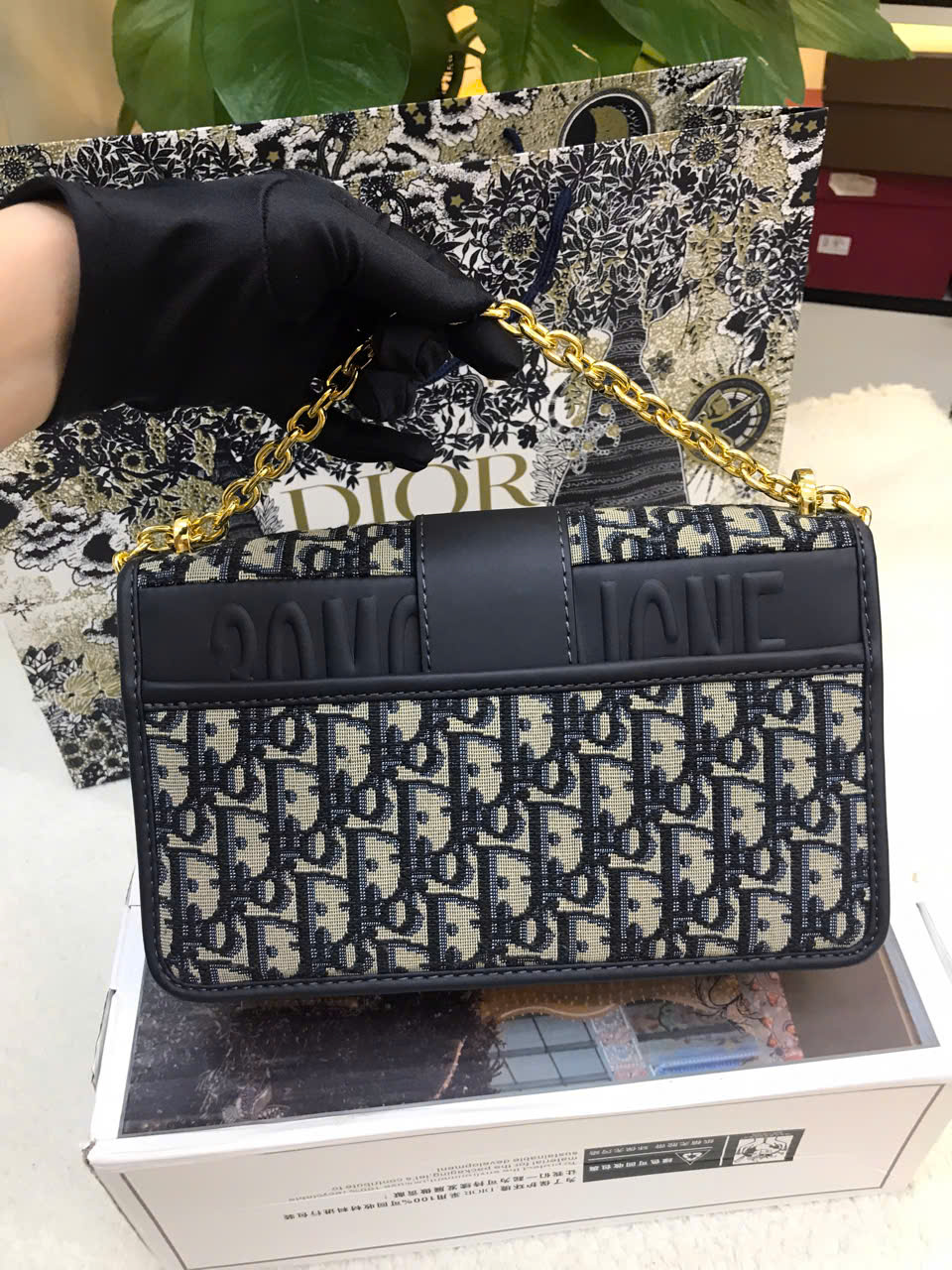 Túi 30 Montaigne Chain Bag Blue Dior Oblique Jacquard Super Size 25cm