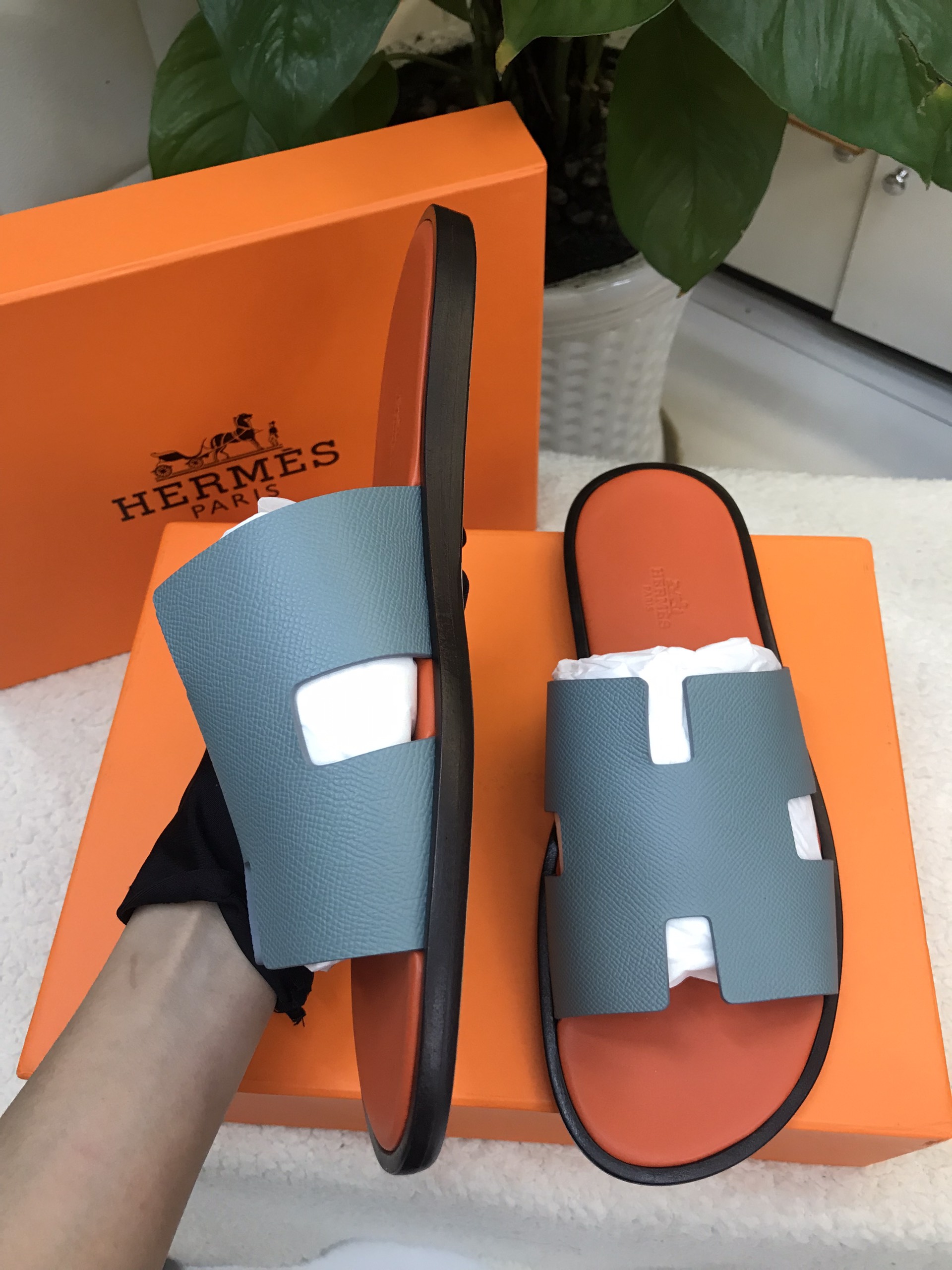 Dép Hermes Izmir Sandal Vip Màu Cam Phối Xanh Size 44