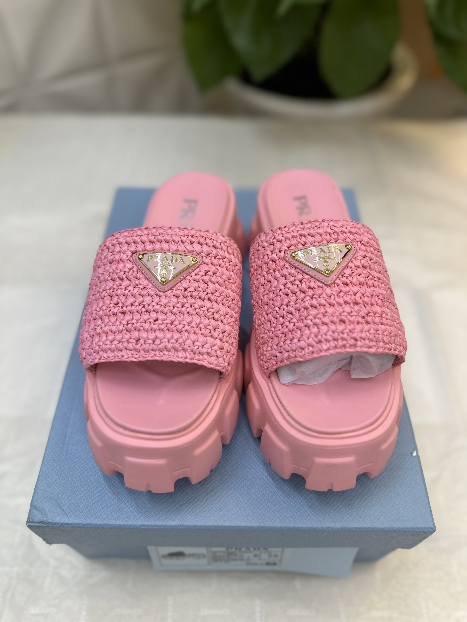 Giày Prada Crochet Flatform Slides Pink Siêu Cấp Size 35