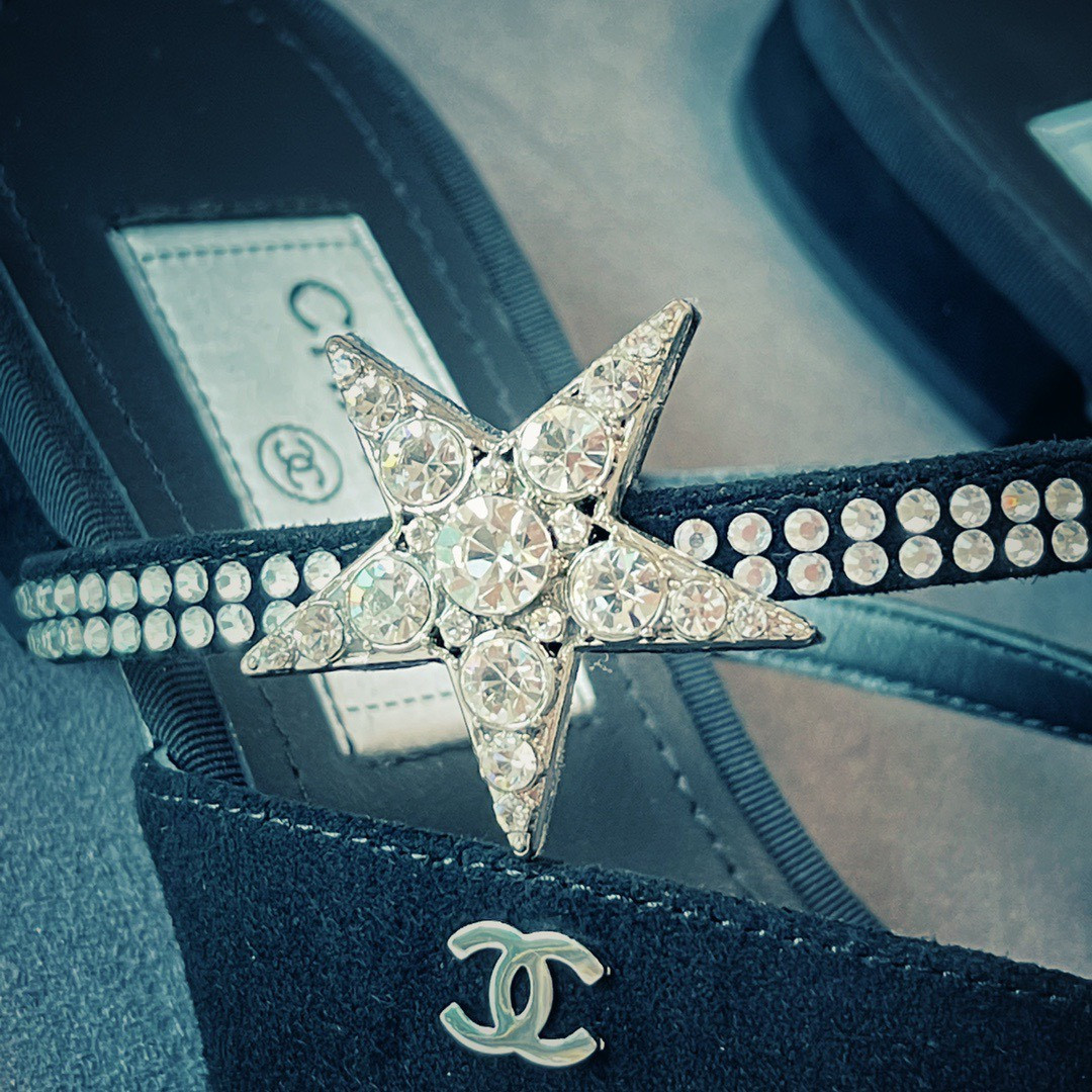 Dép Chanel Siêu Cấp Chanel Star Crystals Mule Sandals Đen Grosgrain