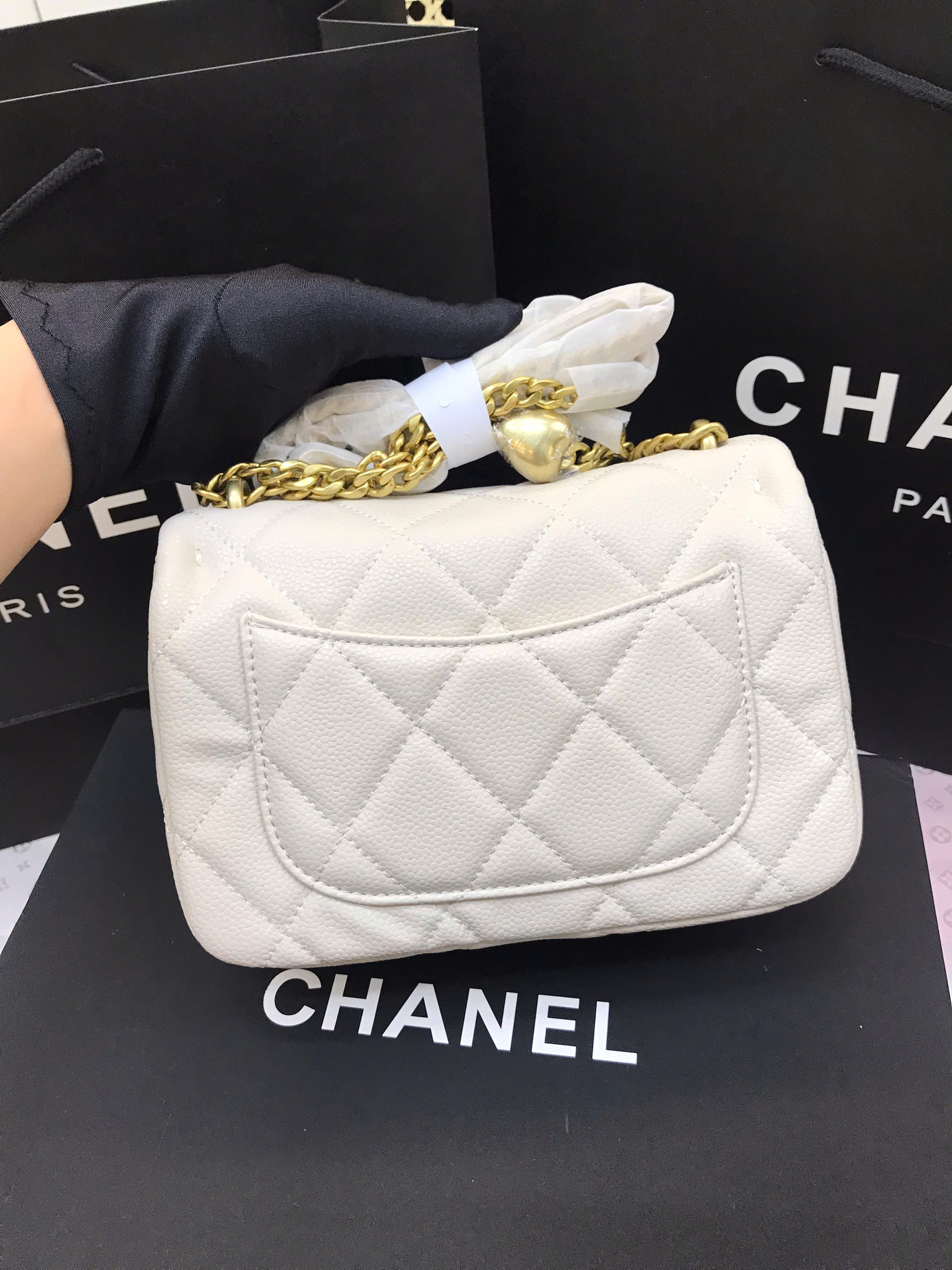 Túi Chanel Mini Flap Chain Bag White Calfskin Gold Super Màu Trắng Size 18cm