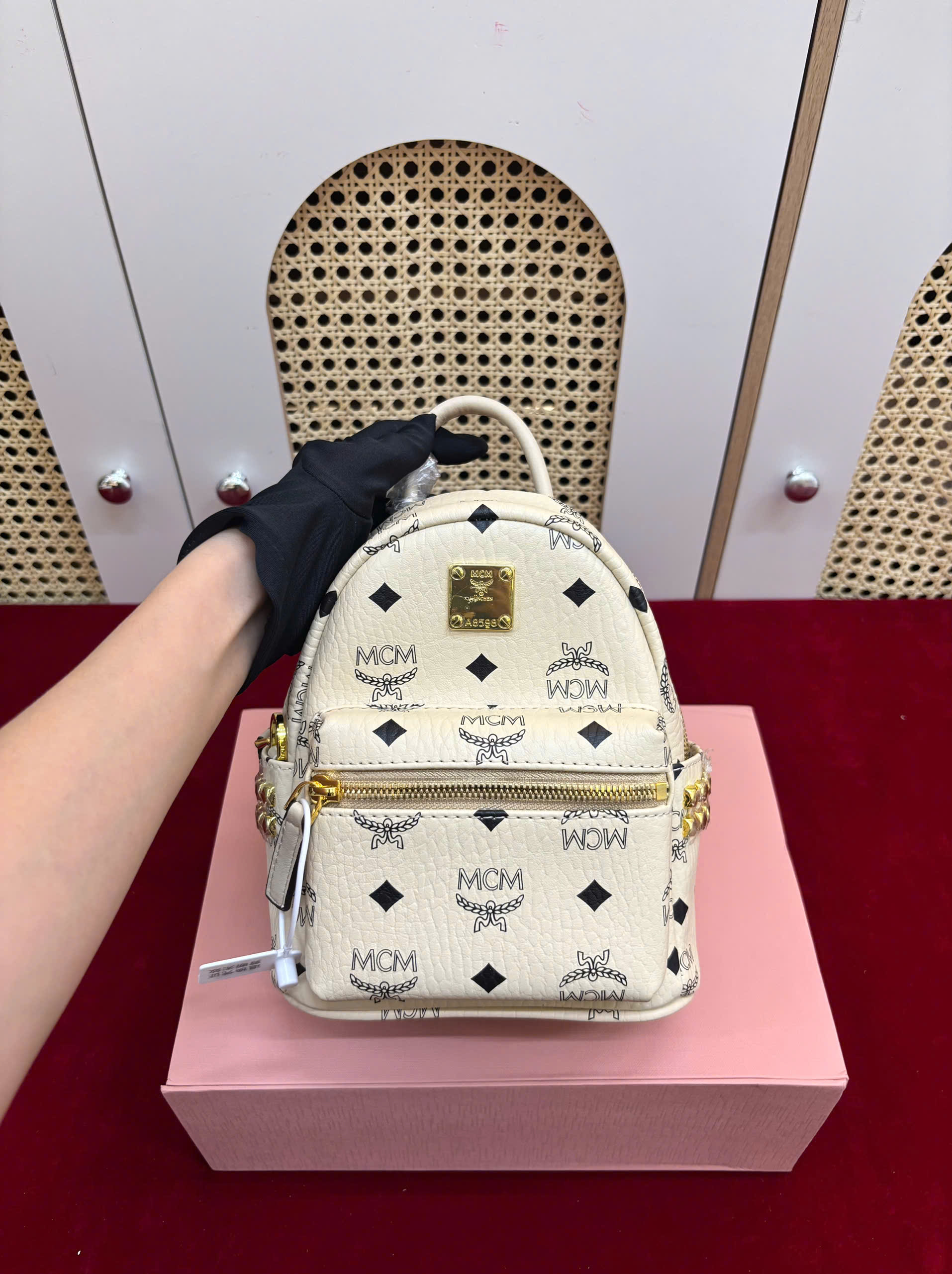 Balo MCM Mini Side Studs Backpack In Visetos Super Size 21cm