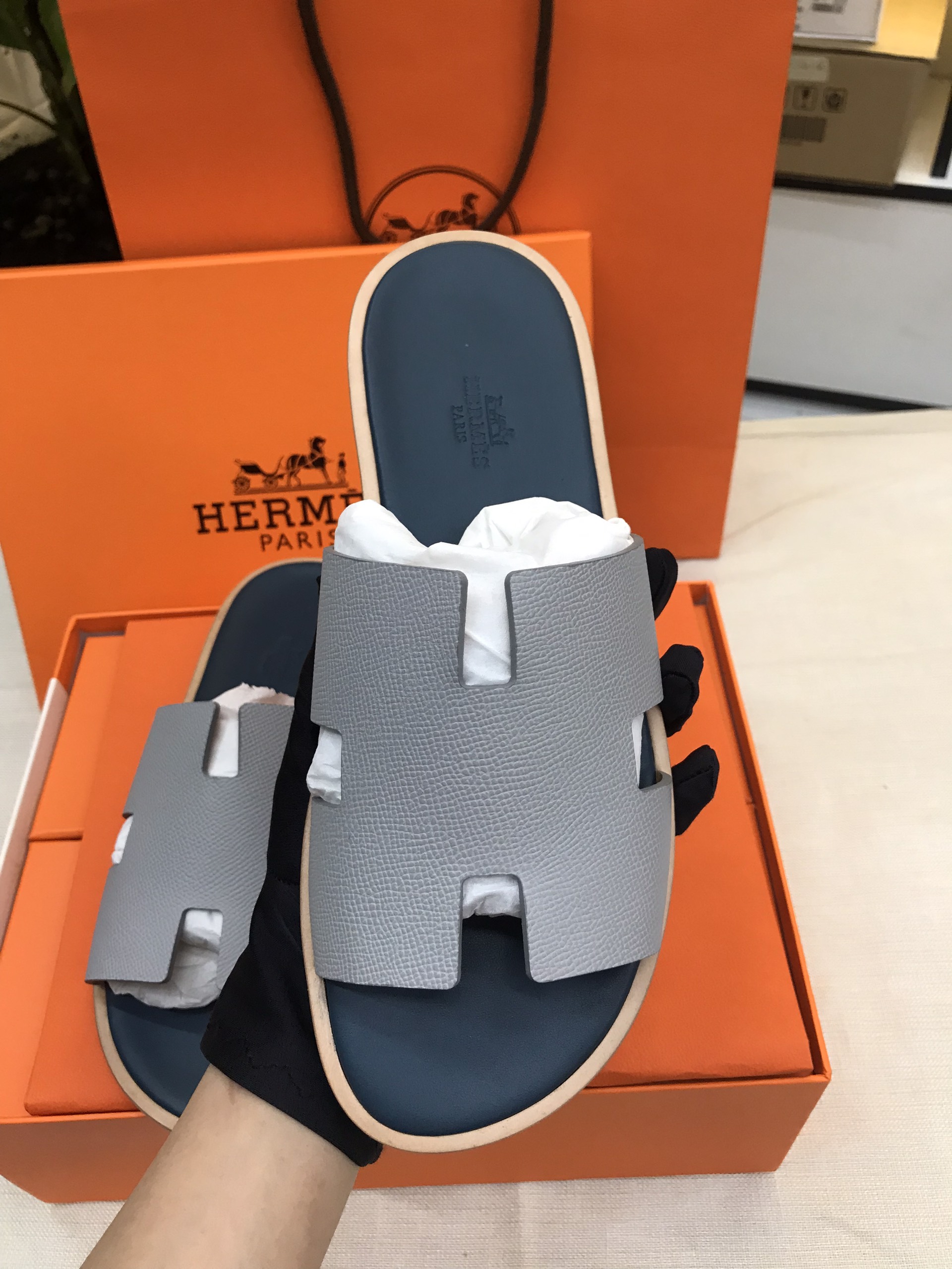 Giày/Dép Hermes Izmir Sandal Noir Siêu Cấp Màu Xanh Phối Size 41