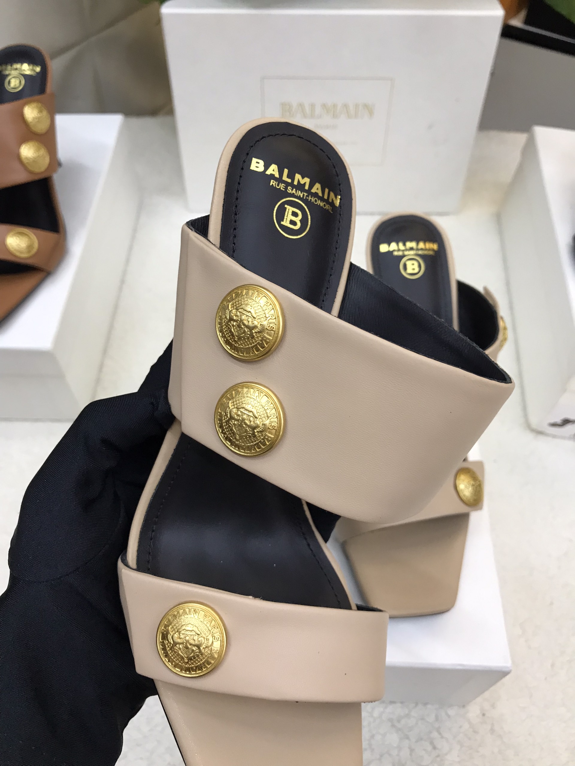 Giày Balmain Heeled Eva Mules In Calfskin Siêu Cấp Màu Xám Size 39