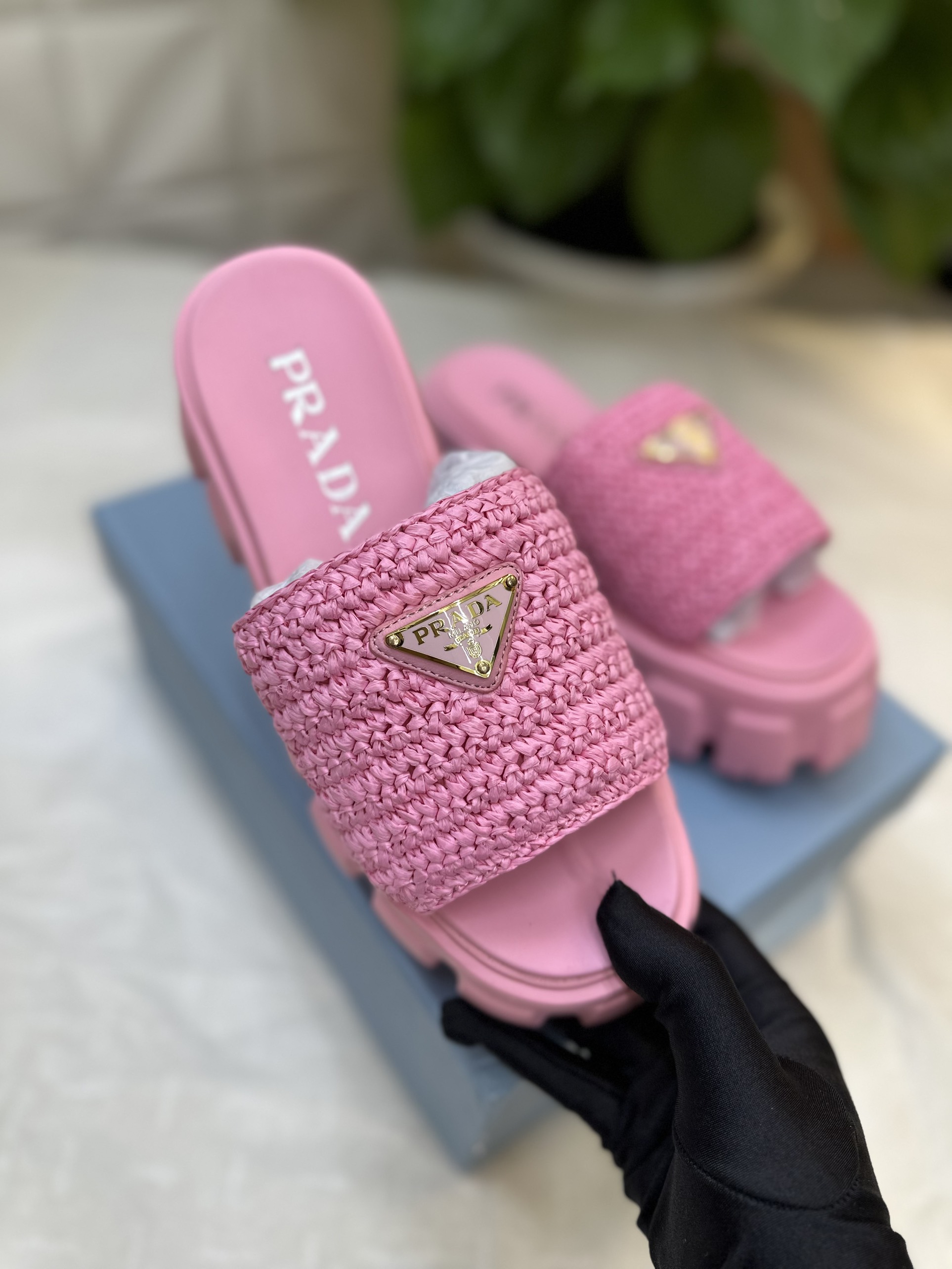 Giày Prada Crochet Flatform Slides Pink Siêu Cấp Size 35